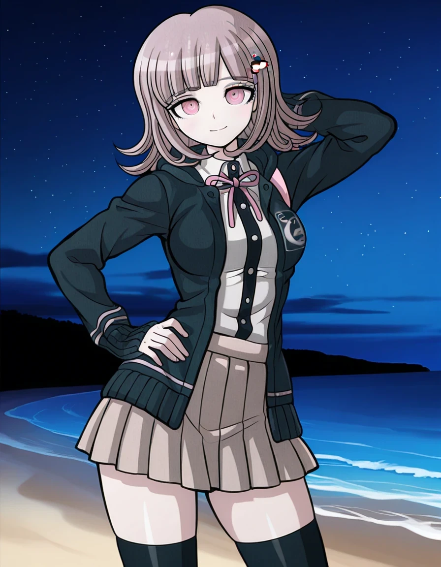 nanami chiaki, game screencap, hairclip, neck ribbon, pink ribbon, black hoodie, open hoodie, hood down, collared shirt, white shirt, two-tone shirt, long sleeves, shirt tucked in, pleated skirt, brown skirt, miniskirt, zettai ryouiki, black thighhighs, flipped hair, medium hair, light brown hair, pink eyes, bangs, shiny skin, high quality, solo, night sky, beach, hand behind head, hand on hip, ((contrapposto)), closed mouth, cowboy shot, looking at viewer, smile, best quality
