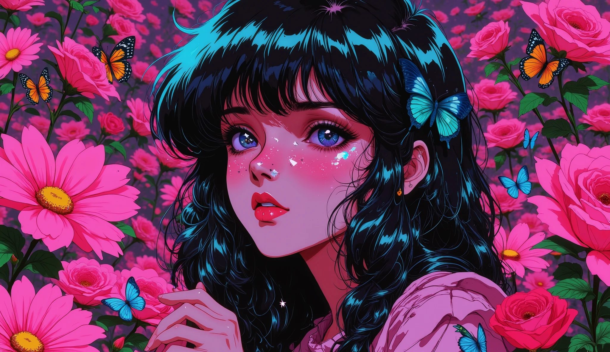 ((RAW photos), absurd, (absurd resolution)), masterpiece, best quality, (Extremely detailed 8k unity CG wallpaper), (best illustration), (best shade), Realistic lighting, detailed and beautiful glitter, (( 21 years old)), chica, long hair, Neon flowers, butterflies, red lipstick, (((Photographic perspective of it)))