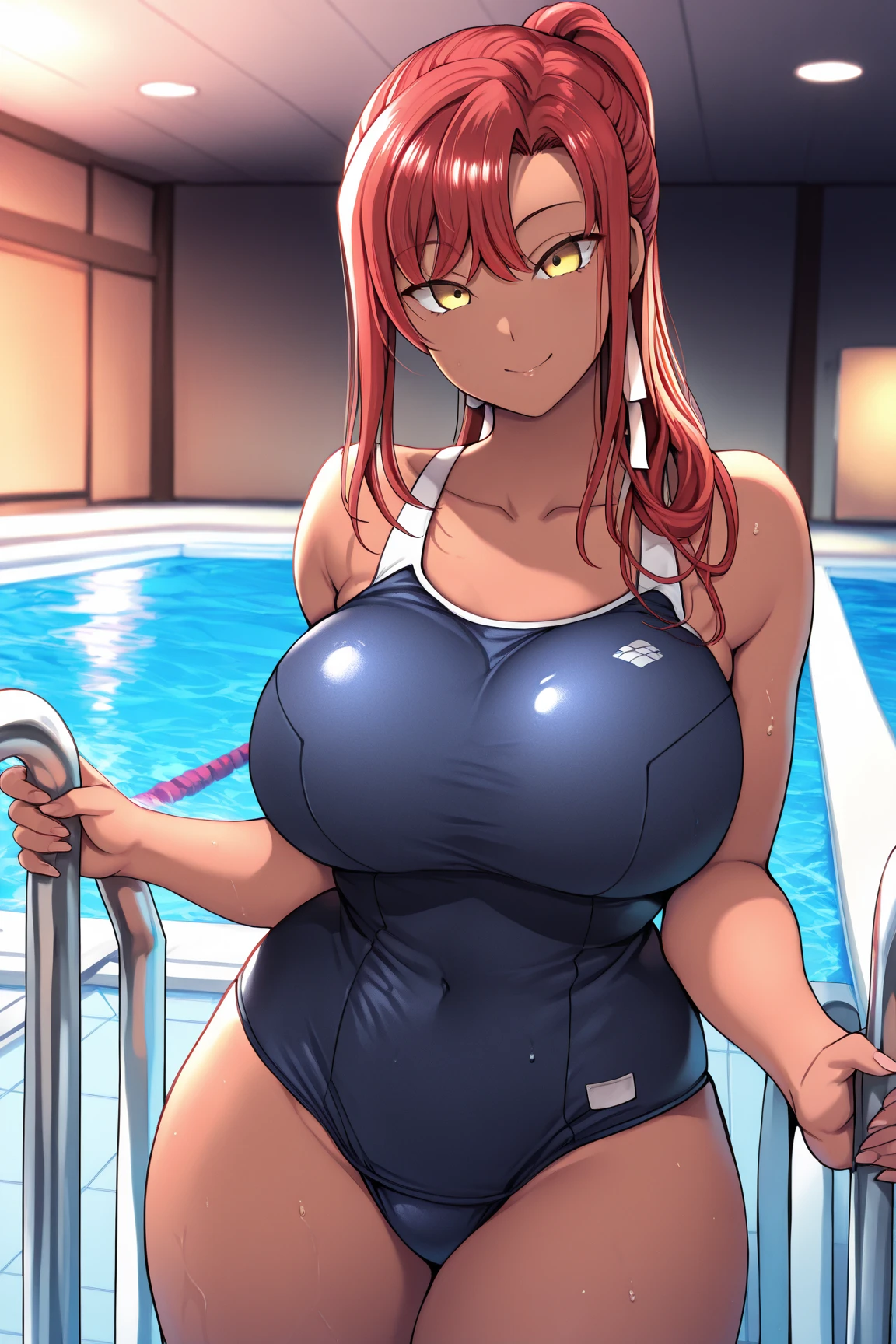  girl, Skinny red bikini, Very muscular, Long red hair, Glasses, huge tit, Huge breasts, OPPAI ratio, Short white hair, Brown eyes, Thin waist, Huge ass, Smiling, full bodyesbian, Hands on the waist, Pose sexy in the pool，nakeness