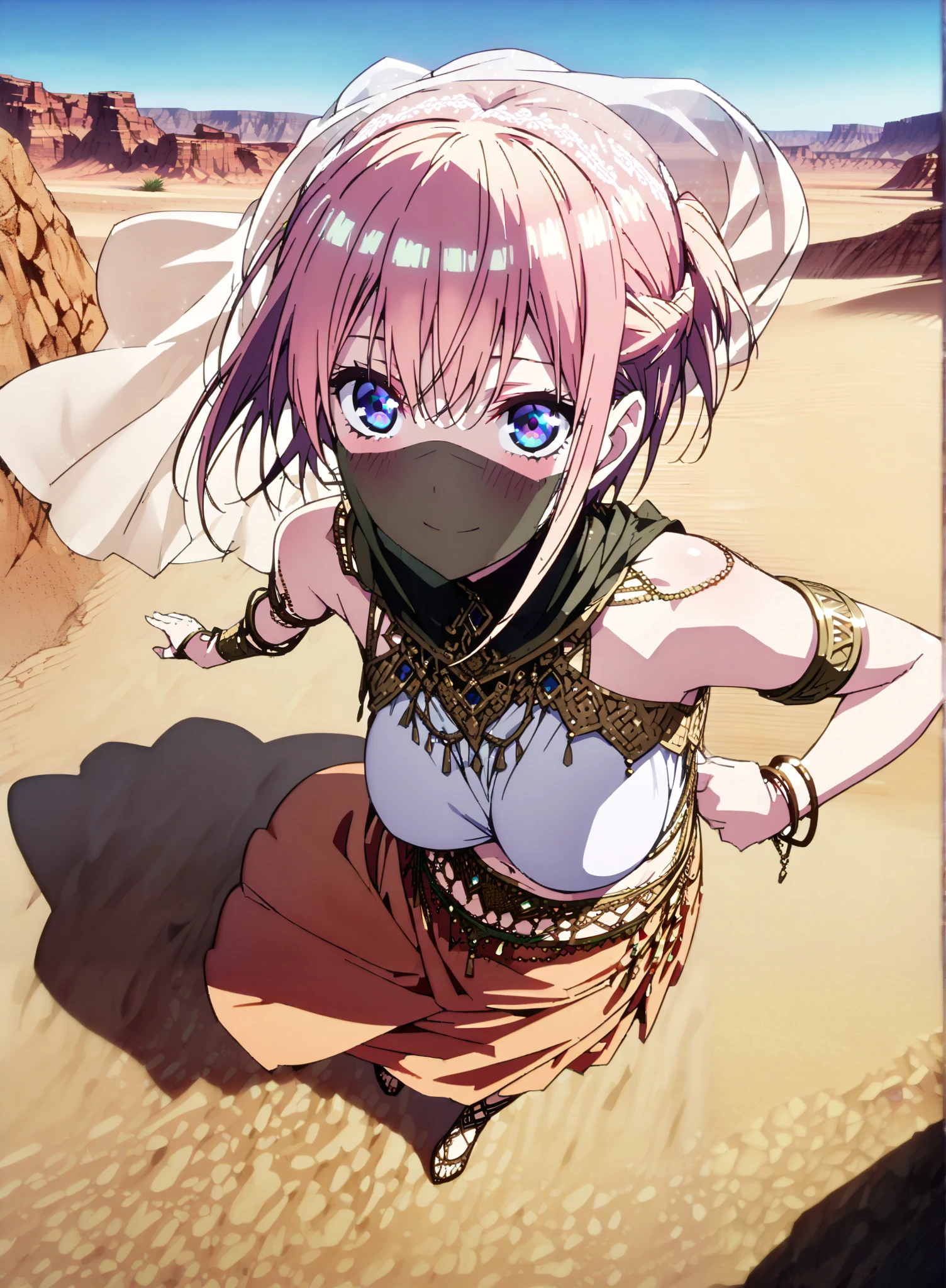 score_9, score_8_up, score_7_up, source_anime, Nakano Ichika, short hair, Alone,bangs, blue eyes, o, pink hair near MM, smile,blush,half updo,Big Breasts,Chest Valley,Arabian clothing, dancer , mouth Veil, belly Dancing, Veil, armlet, Dancing, Bare legs,is standing,full bodyがillustrationsに入るように,break outdoors, desert, oasis,
break looking at viewer,full body,
break (masterpiece:1.2), Best Quality, High Resolution, Unity 8K Wallpaper , (illustrations:0.8), (Beautiful Detailed Eyes:1.6), very detailed face, perfect lighting, highly detailed CG, (perfect hands, perfect anatomy),