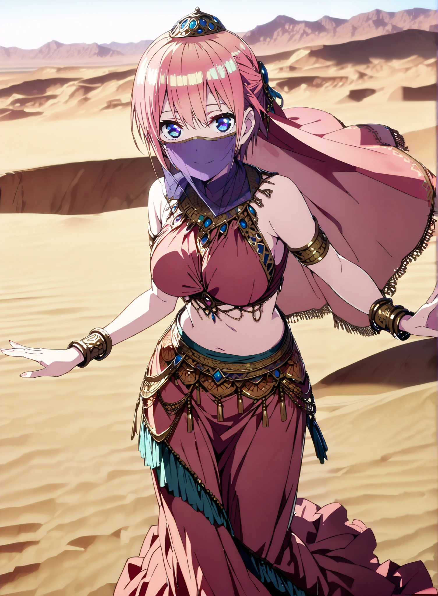 score_9, score_8_up, score_7_up,  source_anime,  Nakano Ichika,  short hair, Alone,bangs, blue eyes,  o, pink hair near MM, smile,blush,half updo,Big Breasts,Chest Valley,Arabian clothing,  dancer , mouth Veil, belly Dancing, Veil, armlet, Dancing, Bare legs,is standing,full bodyがillustrationsに入るように,break outdoors,  desert, oasis,
break looking at viewer,full body,
break (masterpiece:1.2), Best Quality, High Resolution,  Unity 8K Wallpaper , (illustrations:0.8), (Beautiful Detailed Eyes:1.6), very detailed face,  perfect lighting, highly detailed CG, (perfect hands, perfect anatomy),