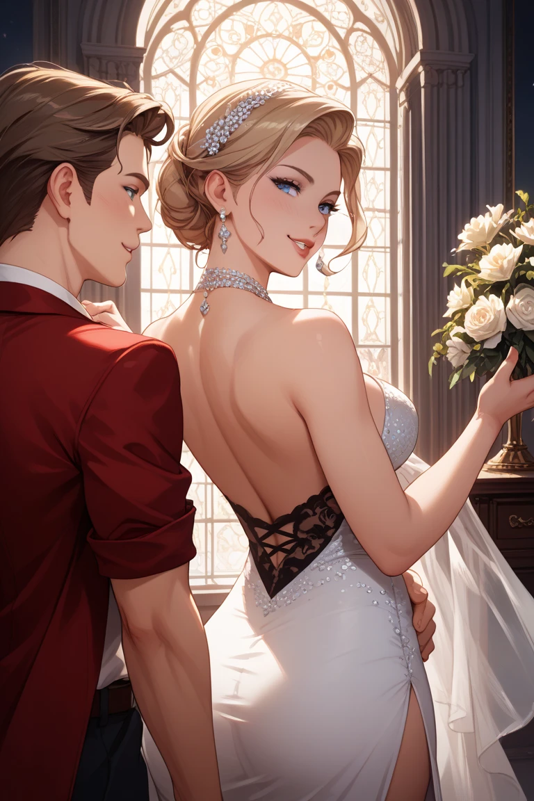 A woman in an elegant dress at a fancy party