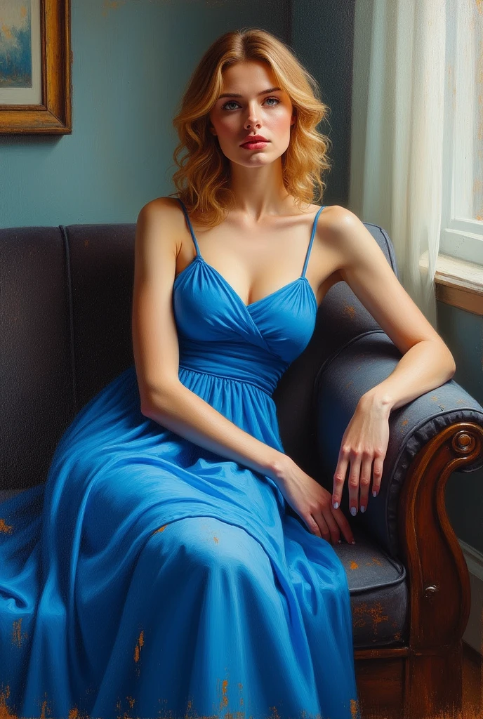 redhead model sitting on a sofa in the sunny room, with big breasts, wearing a blue dress with a low neckline