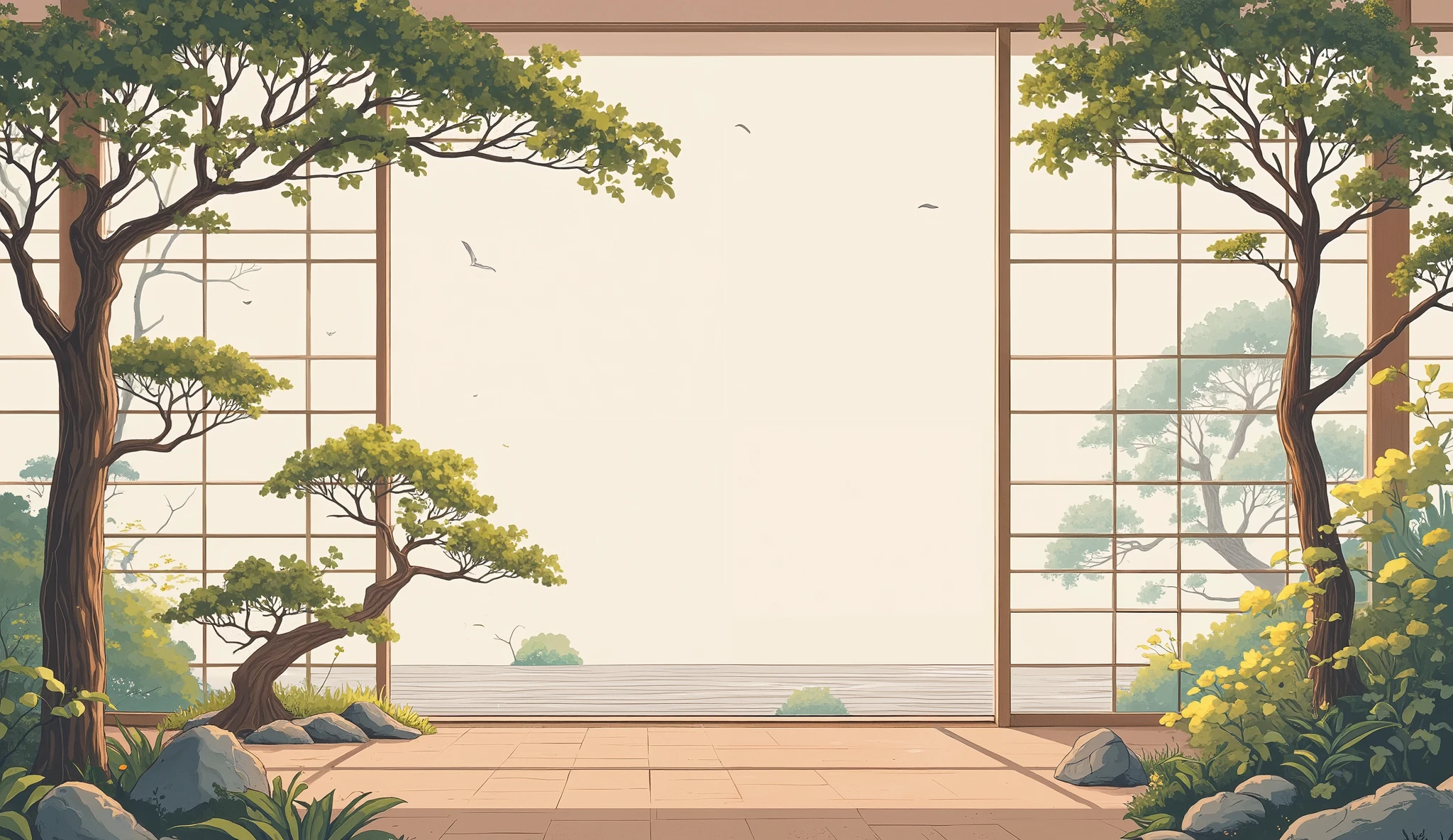 illustration in soft colors predominating , minimalism of a Japanese style living room with window to see the minimalist Japanese garden with bonsai trees, the stage evokes energy and elegance