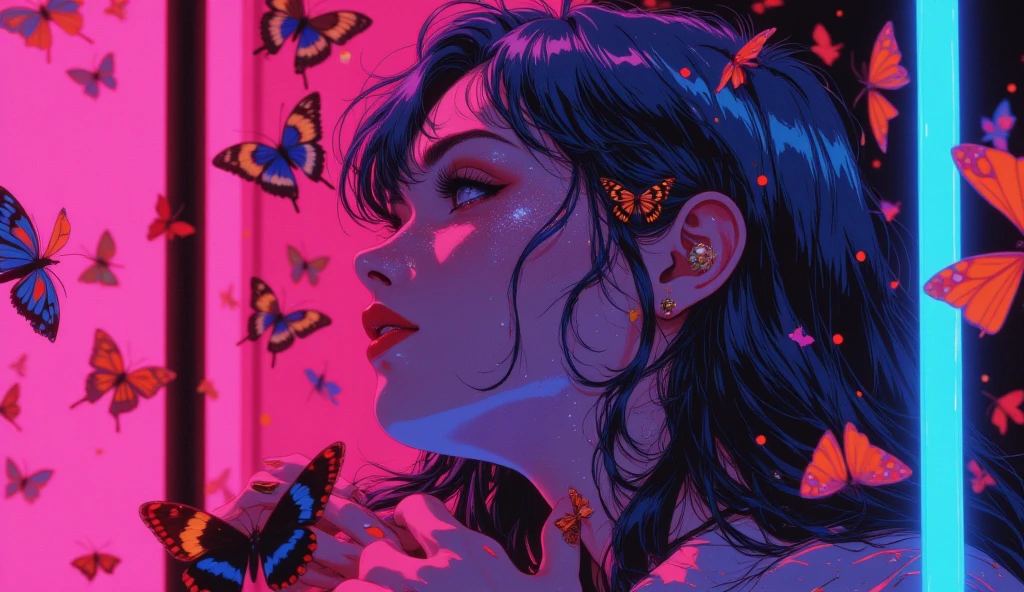 Change background cyberpunk handsome boy, realistic face, 8k, ultra realistic.pink butterfly.bule butterfly.red butterfly.balck.butterfly.softy butterfly.realistic butterfly