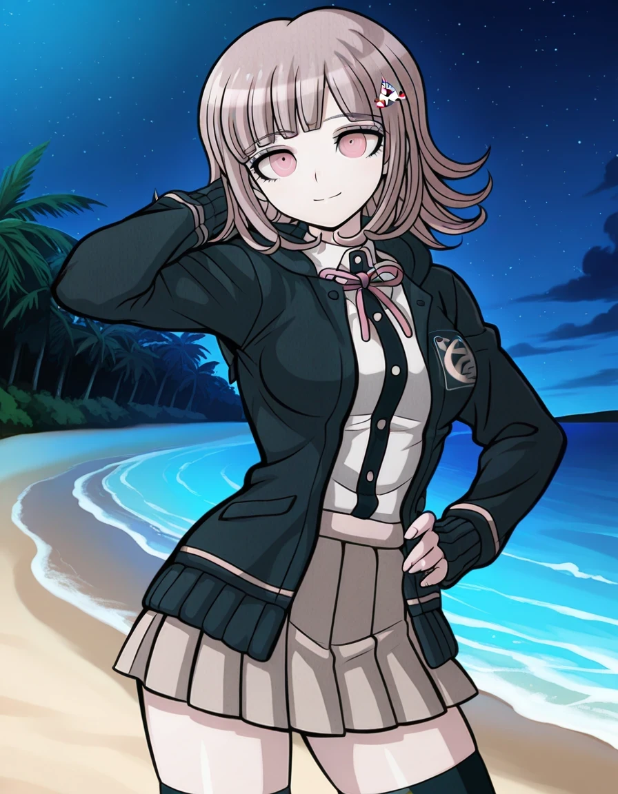 nanami chiaki, game screencap, hairclip, neck ribbon, pink ribbon, black hoodie, open hoodie, hood down, collared shirt, white shirt, two-tone shirt, long sleeves, shirt tucked in, pleated skirt, brown skirt, miniskirt, zettai ryouiki, black thighhighs, flipped hair, medium hair, light brown hair, pink eyes, bangs, shiny skin, high quality, solo, night sky, beach, hand behind head, hand on hip, ((contrapposto)), closed mouth, cowboy shot, looking at viewer, smile, best quality