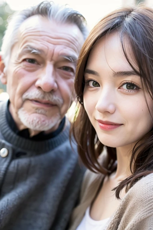 Một người đàn ông Trung Quốc và một phụ nữ trẻ Hàn Quốc đang kiss nhau, age difference, age difference, giant size, ((80 year old man, cao 1m80, bearded, Wrinkles on man's face, muscular body, smiling face, body full of hair, broad shoulders, eo hẹp, 8-pack abs, hug standing, squeeze the girl's chest)), ((18 years old sexy young girl, cao 1m60, small size and skinny, long black hairstyle, face red because of embarrassment, tư thế tình dục, kiss, ngực F cup)), 40 year old man, A young girl, sea, wooden hut, Detailed face, thực tế, ngực, nude, tình dục, see-through tank top, large chest groove, small areola; full body photo, người đàn ông kiss lên cổ cô gái