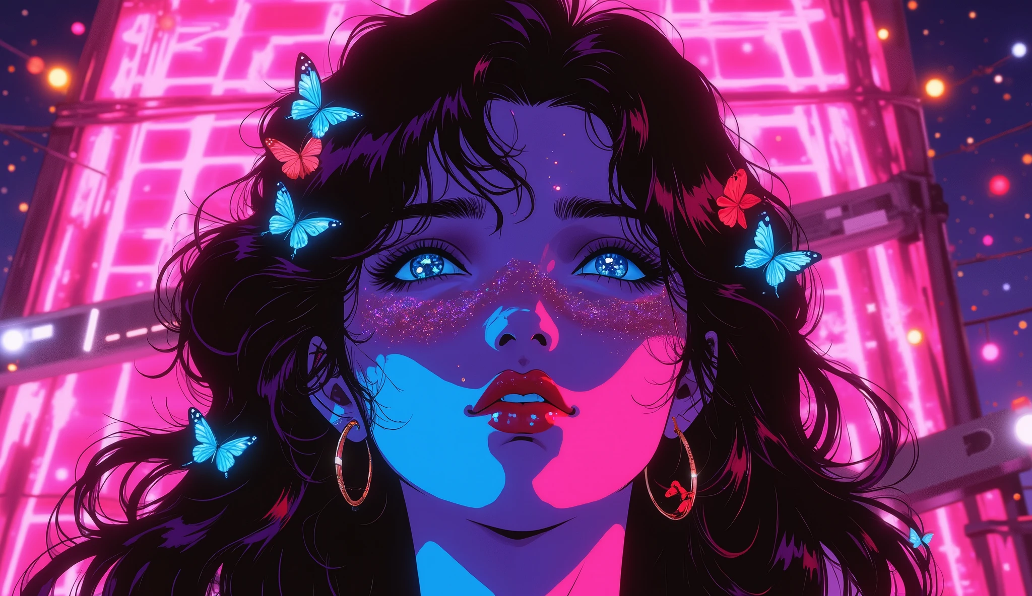 ((RAW photos), absurd, (absurd resolution)), masterpiece, best quality, (Extremely detailed 8k unity CG wallpaper), (best illustration), (best shade), Realistic lighting, detailed and beautiful glitter, (( 21 years old)), chica, long hair, Neon, butterflies, red lipstick, (((Photographic perspective of it)))