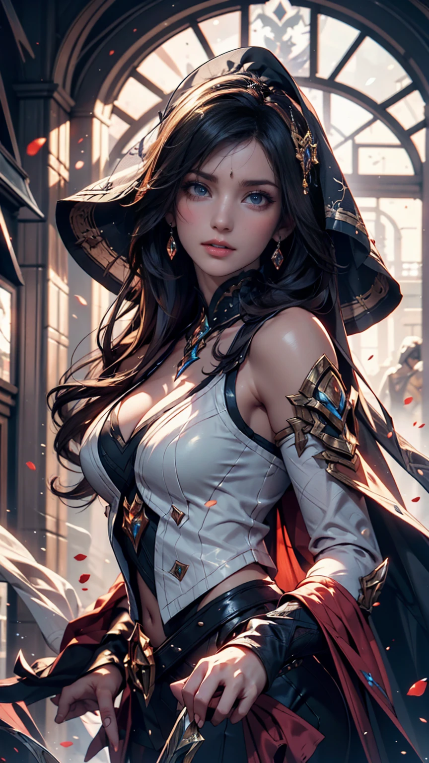 Utopian character, Woman, long black hair, sky blue eyes, beautiful face with strong and unique features , Brazilian traits longer clothes