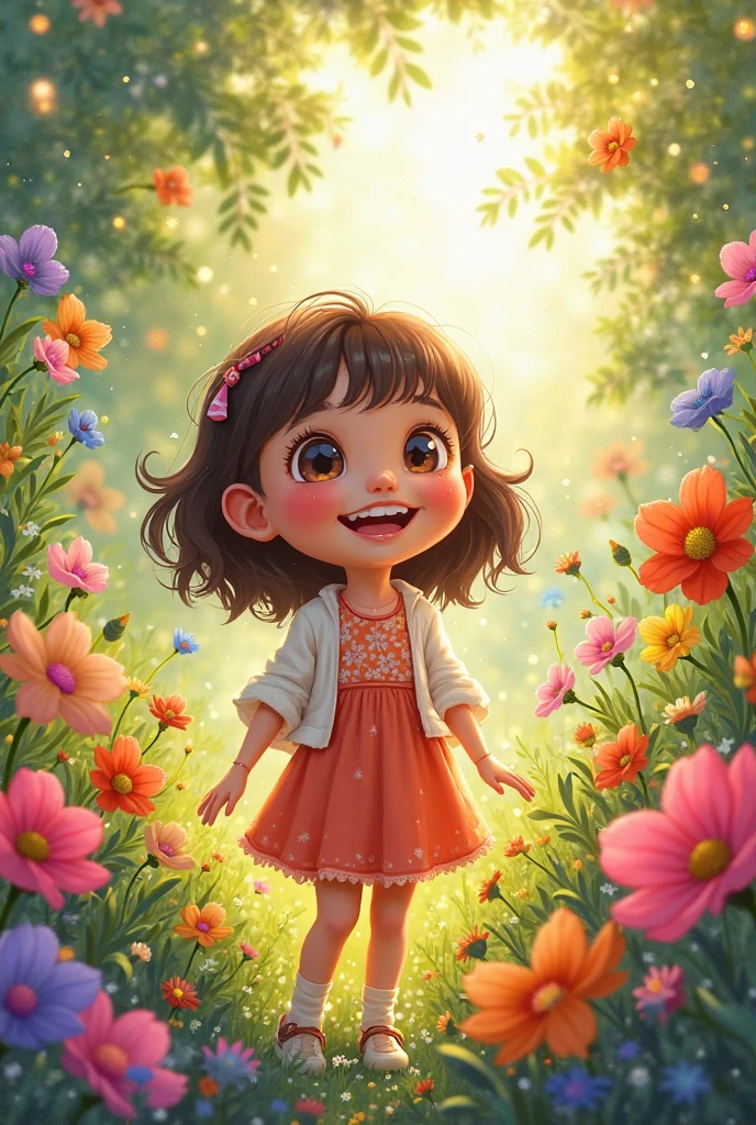 In cinematic cartoon 3d style"Create an image that captures a serene garden setting with vibrant flowers and greenery"