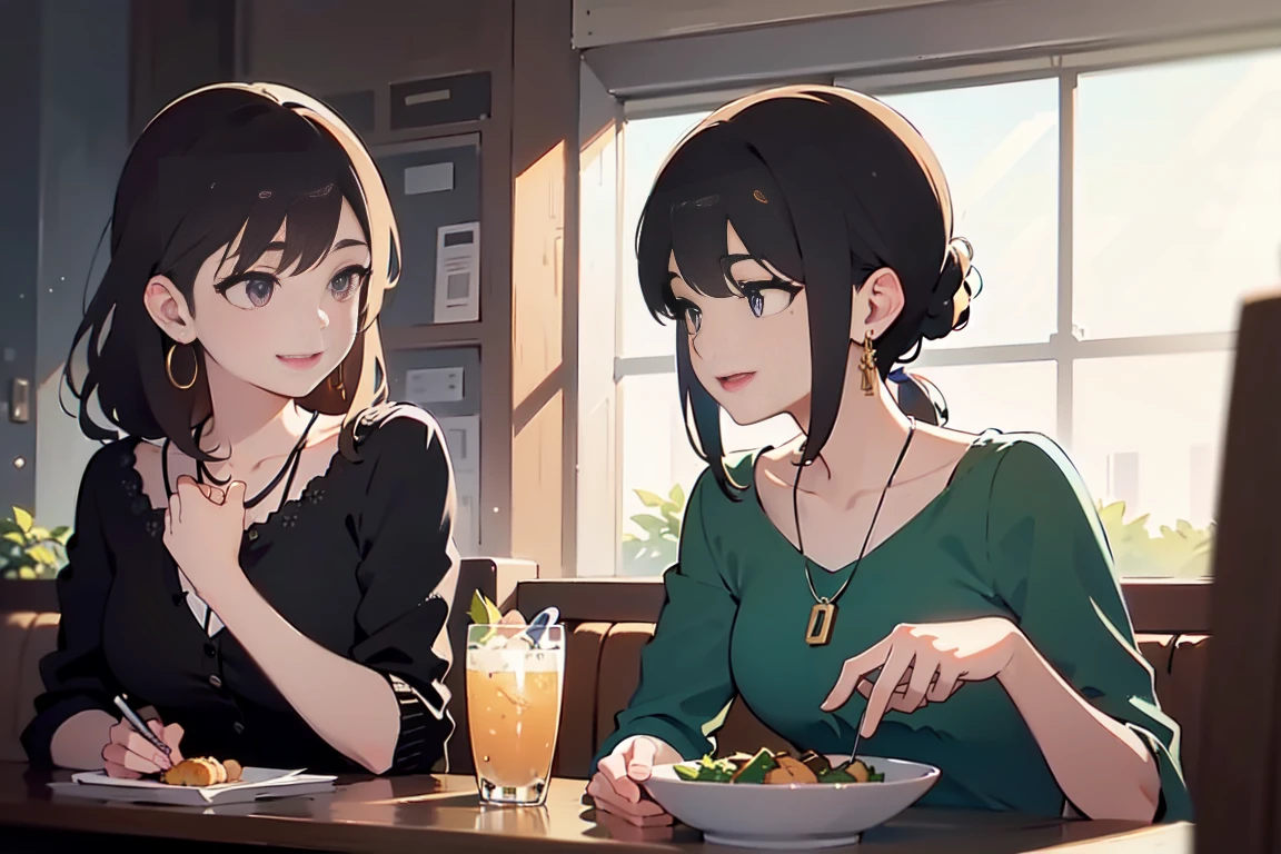 Art piece, masterpiece, anime girls, at a diner, artistic, highly detailed, high quality, 4K resolution, sitting at a diner booth, happy expression, extremely detailed art, rain outside of the large windows, peaceful scene, serene, anime style, zoomed out showing one whole side of the diner, black hair with volume, beautiful face, cute sundress, sexy, mature body, city life, perfect body and face, slight smile, beautiful green eyes, breakfast, correct anatomy, posing sexually, highly detailed face, detailed features, talking, beautiful, sexy, cute