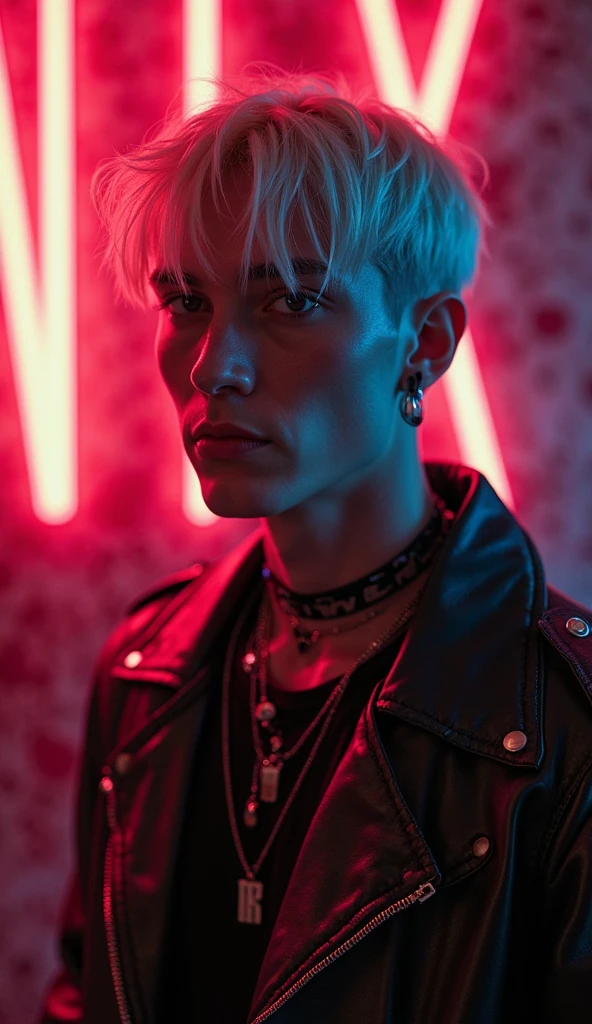 Photorealistic, dark vibes, solo, young man, 22 years, pale skin, model (skinny:1.3), (short messy blond hair:1.5), (black leather jacket:1.3), holding knife, dark lighting, foreboding, sexy, (neon sign that says:"CONTEXT":1.4), night club setting, BDSM background