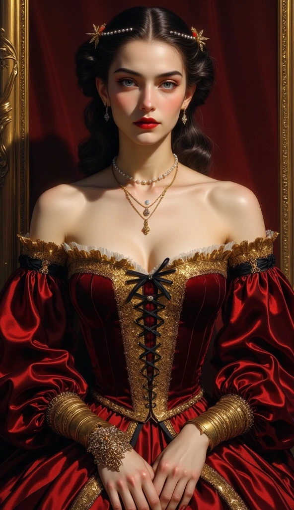 A Renaissance-style closeup portrait of an oil painting of a woman from the up sitting before a heavy velvet dressing screen, draped in a meticulously crafted Renaissance gown with modern embellishments. The off-the-shoulder dress, made of deep crimson velvet, features an embroidered golden corset laced with delicate black silk ribbons and a subtle digital luminescence outlining the brocade patterns. Her sleeves are long and flowing, gathered at the wrists with metallic clasps shaped like circuit patterns. Her pearl-adorned hair is woven with fine gold chains, while a sleek,