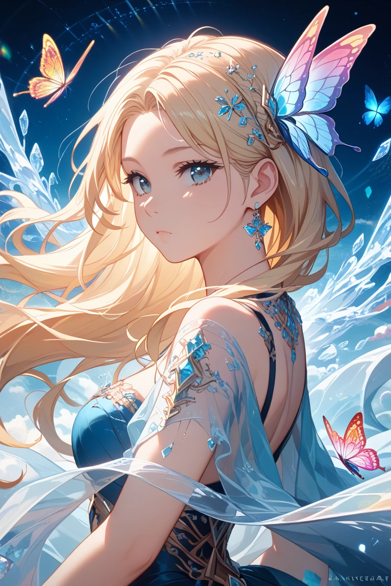 a beautiful woman in a sleeveless dress, playing guitar, creative, art, colored pencil drawing, detailed face and eyes, long eyelashes, delicate features, serene expression, natural lighting, vibrant colors, intricate textures, 8k, masterpiece, digital art