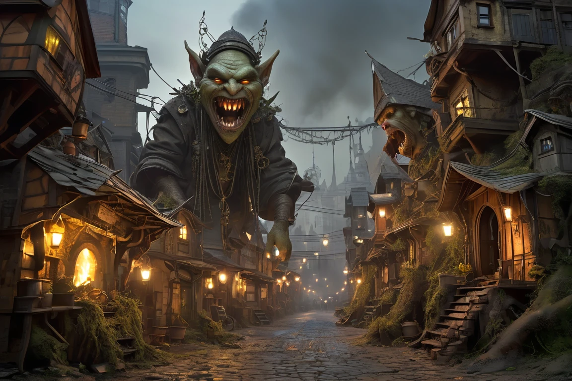 deformed goblins destroying a medieval city, night, bloody, blood, corpses, death