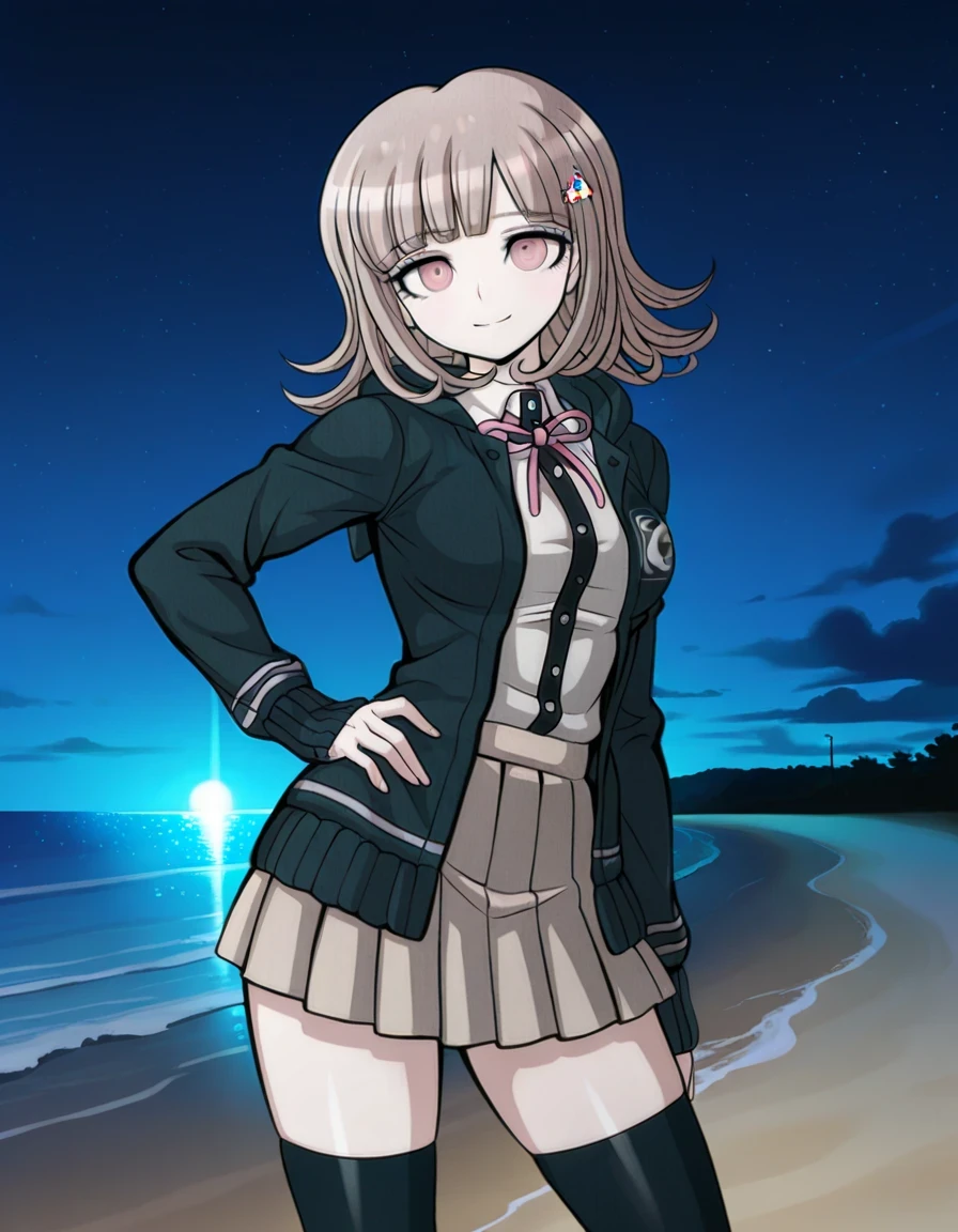 nanami chiaki, game screencap, hairclip, neck ribbon, pink ribbon, black hoodie, open hoodie, hood down, collared shirt, white shirt, two-tone shirt, long sleeves, shirt tucked in, pleated skirt, brown skirt, miniskirt, zettai ryouiki, black thighhighs, flipped hair, medium hair, light brown hair, pink eyes, bangs, shiny skin, high quality, solo, night sky, beach, hand behind head, hand on hip, ((contrapposto)), closed mouth, cowboy shot, looking at viewer, smile, best quality