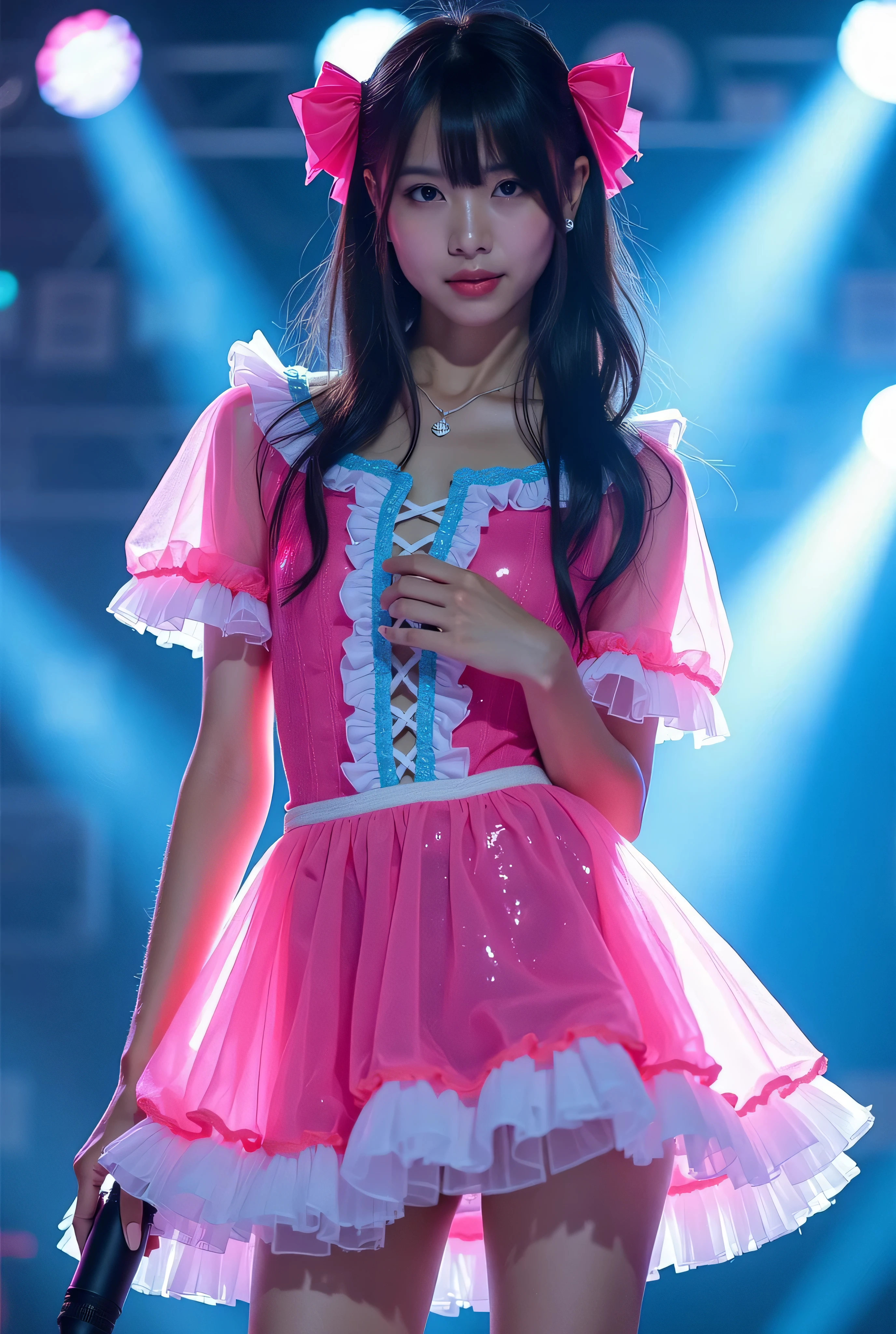 Create a highly detailed, realistic image of a young woman with long, dark hair styled with two small pink bows on either side. She is wearing a vibrant and transparent shinning glossy pink short dress that has a layered, frilly design with white ruffled edges on the sleeves and neckline. The dress has intricate lace-up details on the front, with white ribbons crisscrossing over the bodice. A large, white bow is tied around her waist, and the skirt is layered with multiple ruffles, alternating between white and pink frills. The upper part of the dress has a mix of white and blue accents, especially around the shoulders, giving it a lively, idol-like appearance. The girl’s expression is cheerful and playful, with a radiant smile, captured both in performance and posing with a slightly pensive look. Ensure that her outfit appears shiny and glossy, reflecting stage lights, and incorporate a vivid, performance-like atmosphere in the background. Some Lights shooting around, she hold microphone,  head thighs portrait,