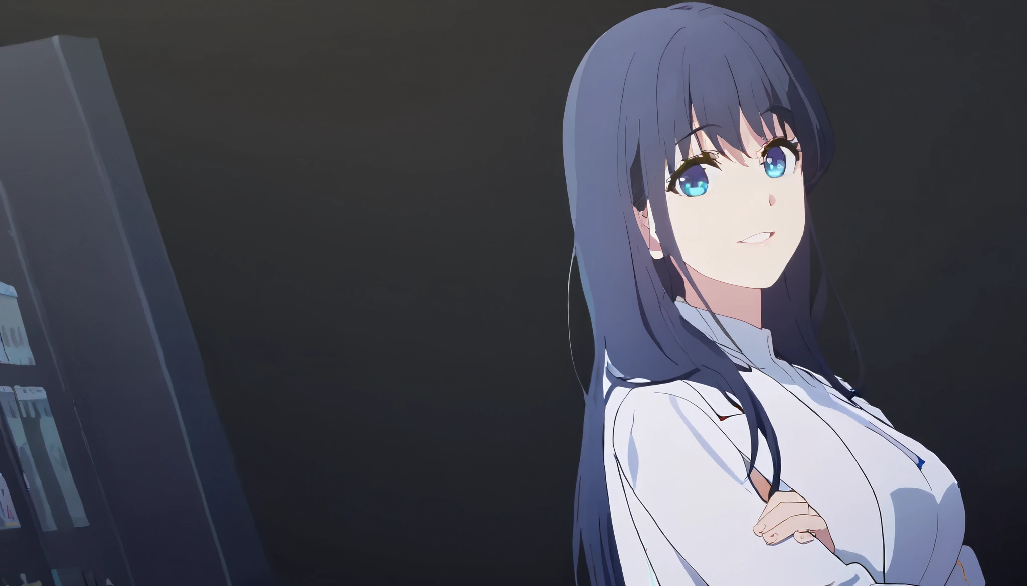 masterpiece, best quality, solo, 1girl, mature, dark blue hair, long hair, cerulean blue eye, medium breast, white pharmacist coat, standing, looking at viewer, chill, smiling, black background only