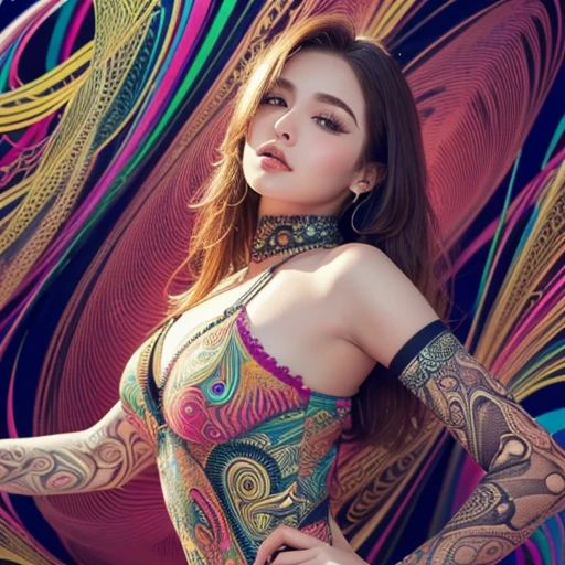 19-year-old indonesian Brunette ((portrait, upper-body, close-up)),(best quality,4k,8k,highres,masterpiece:1.2),ultra-detailed,(realistic,photorealistic,photo-realistic:1.37),(1girl),(18years old),[the face is combination of (((irene1:1.2))) and (((Excella_er5:1.2)))],(sharp focus:1.5),pearl skin,(skin pores:1.1),extremely detailed face and skin texture,(skin texture:1.1),black hair,tall and slender body,(192cm tall),thin and delicate figure,graceful posture,strong and defined muscles,flawless skin,defined abs,perfect curves,feminine appearance,beautiful long legs,embodying elegance and beauty,cleavage breasts,((wearing a (red) Batik)),(ultra-short dress),vibrant colors,extremely detailed and realistic clothes,(colorful),(film grain:1.3),offcial art,(Beautiful and aesthetic:1.2),(fractal art:1.2),Colorful,highest details,(zentangle:1.2),(Dynamic gesture),(abstract backgrounds:1.5),(shift dresses:1.2),(many color:1.4).