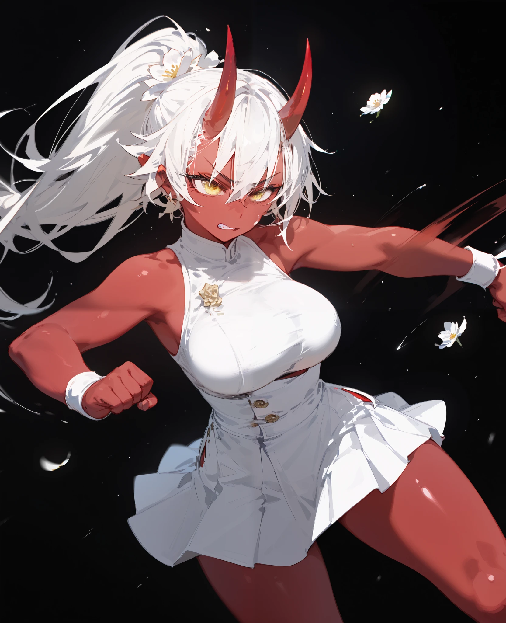 girl,Tomboy, ponytail,White Flower Hair Ornament,Red skin,in yellow eyes, white hair,There is a red horn,White Sleeveless Dress, white kimono,White Mini Skirt,Pointed eyes ,good figure,big breasts,milf,Fierce face,slim,Tall,,Tomboy,fight,Fighter,Black Background