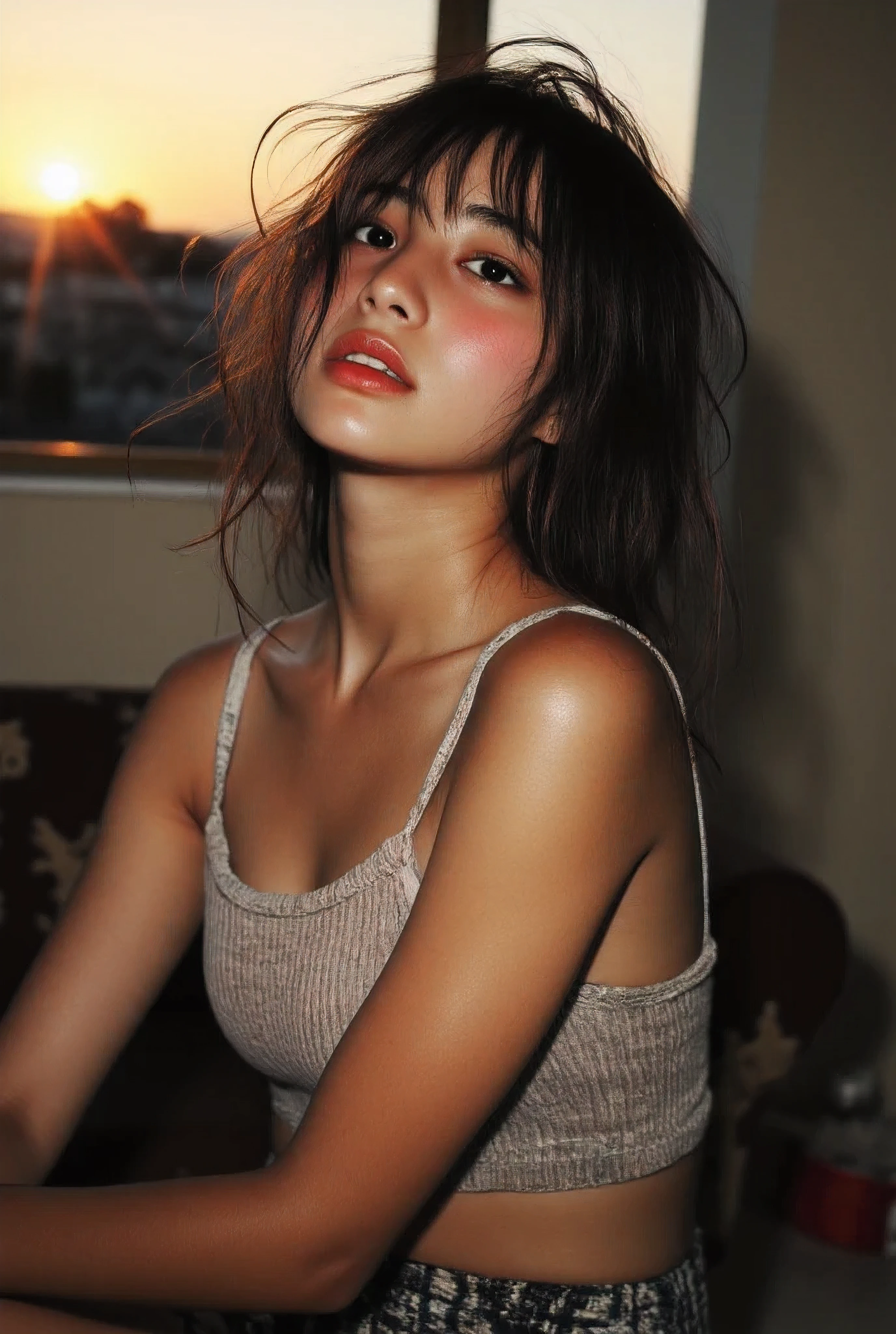 Close-up half-body portrait (outdoor veranda sitting on the comfy couch during sunset, amber colored skies) (Sexy voluptuous slim hourglass figure) (realistic,life-like skin texture,symmetrical,{(aesthetically pleasing)} ,cinematic composition,detailed portrait,photorealistic,masterpiece,ultra-detailed,sharp focus,physically-based rendering,extreme detail description,professional,vivid colors,high resolution,4K,studio lighting,dramatic lighting,dramatic shadows,cute girl at the veranda at her home during evening relaxing in the outdoor couch, Metro Manila, philippines, Evening, nighttime, Cute tan brown-skinned Filipina-korean goth girl, Cute and adorable milf mommy wearing her sexy and alluring Cute girl in a black and white loose tanktop and mini-skirt and cardigan at the veranda at home during sunset relaxing sitting on the outdoor couch fit athletic toned sexy fit and athletic Filipina-korean woman, tan skin photorealistic and life-like taken from a Leica m9 50mm 1.2, lowlight photography, 4kPhoto_PDXL Photorealistic(adorable and alluring cute korean goth girl) (Large perky breasts, enticing and delectable décolletage) downblouse (photorealistic and life-like portrait, beautiful and realistic life-like skin texture) (photography flash fill lights)( awesome homey filipino style country home in the mountains with the city in the background) (large perky breasts:1.2) , homey and cozy clothing , cute stylish but casual clothes, croptop midriff baby t-shirt and plaid mini-skirt , realistic,life-like skin texture,symmetrical,aesthetically pleasing,cinematic composition,detailed portrait,photorealistic,masterpiece,ultra-detailed,sharp focus,physically-based rendering,extreme detail description,professional,vivid colors,high resolution,4K,studio lighting,dramatic lighting,dramatic shadows,dramatic atmosphere,dramatic background,dramatic pose,cinematic framing,cinematic lighting,cinematic camera angle,cinematic depth of field,moody,dark,chiaroscuro,dramatic color palette