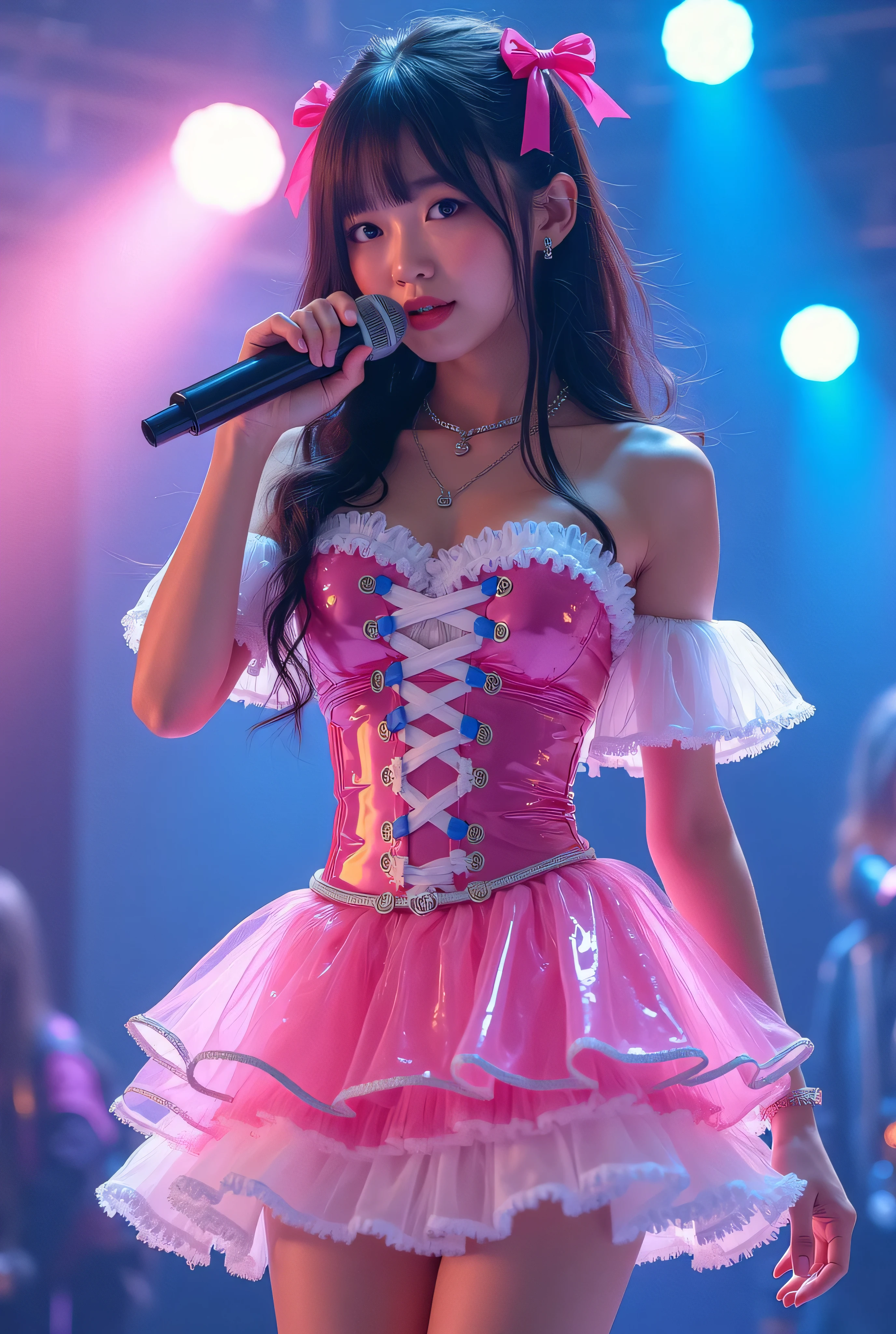 Create a highly detailed, realistic image of a young woman with long, dark hair styled with two small pink bows on either side. She is wearing a vibrant and transparent shinning glossy pink short dress that has a layered, frilly design with white ruffled edges on the sleeves and neckline. The dress has intricate lace-up details on the front, with white ribbons crisscrossing over the bodice. A large, white bow is tied around her waist, and the skirt is layered with multiple ruffles, alternating between white and pink frills. The upper part of the dress has a mix of white and blue accents, especially around the shoulders, giving it a lively, idol-like appearance. The girl’s expression is cheerful and playful, with a radiant smile, captured both in performance and posing with a slightly pensive look. Ensure that her outfit appears shiny and glossy, reflecting stage lights, and incorporate a vivid, performance-like atmosphere in the background. Some Lights shooting around, she hold microphone, head thighs portrait,