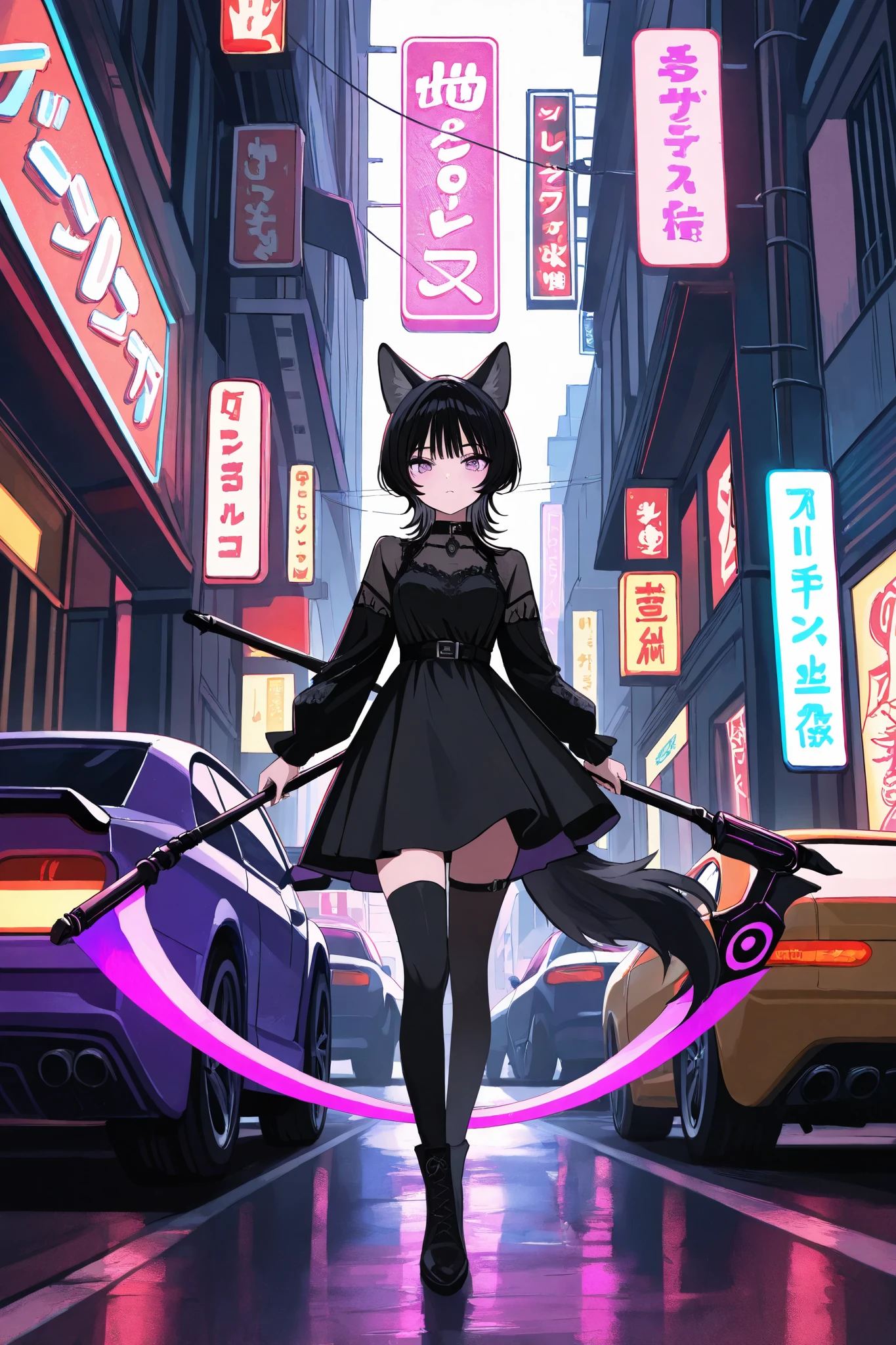 solo, ((From front)), Neko Female, Sukana marking from JJK, ((wolf cut black hair, Black cat ears))), long Wolf Cut black hair, (yellow and purple Ombre eyes), Black and white dress like Yor, wearing Chocker, wielding Scythe, Street background, Neon Lights, Cars and motorbikes in background, Thigh Up view, focus on character, looking at viewer,