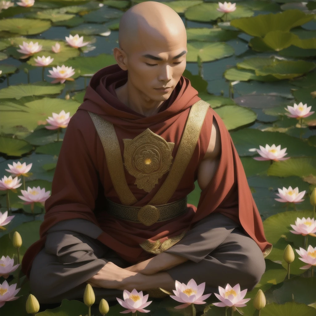 A muscular bald Asian monk sits in lotus position on a flowered lawn,  on the lips with her eyes closed , in deep meditation, dressed in a hood and cape, His stoic expression remains the same., (extremely detailed CG), ((Realistic shadows:1.2)), ((realistic lighting:1.1)), [Highest quality], (8 k:1.1), super detailed, ((perfect shadows)),  best lighting ,  best shade , ( Masterpiece ), (best quality:1.0), (ultra highres:1.0),  well-drawn body , (subject in focus)