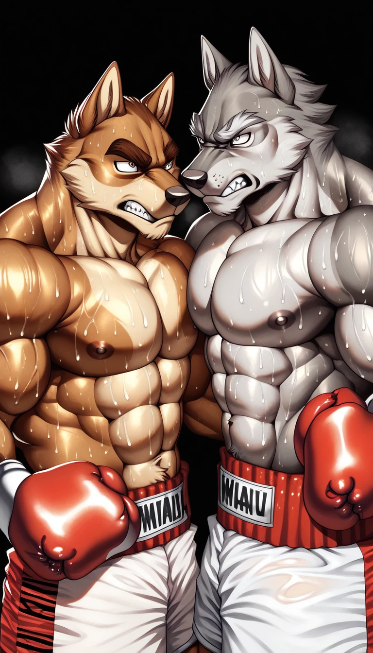 Duo male(Sandy Cougar vs Gray Cougar, handsomes, handsome hairstyle, tails, Thick eyebrows, detailed face), gay(Clinch embraced, Body with body, cuddling shoulders, on a UFC match), hot(Shirtless), handsomes(They are handsomes, correct anatomy), musculosos(Big muscle bodies, Six packs, muscle abs, big pecs, muscle backs, muscle legs), sweaty(very sweaty wet bodies, shiny sweat), tatuajes(they have tattoos), grumpy(Both have an grumpy expression, grumpy teeths, steaming breath), UFC gloves(They both are wearing UFC gloves), UFC boxers(they both are wearing ufc boxers), Hight resolution, by(Zourik:1.1)