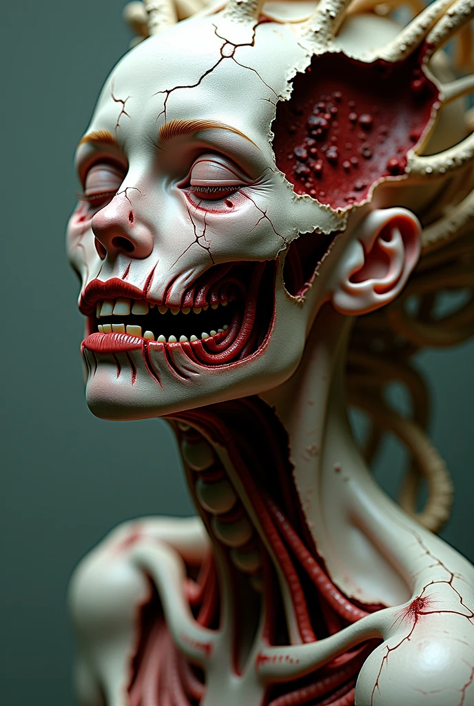 A bizarre, unsettling scene of a reality constructed entirely from meat, flesh, organs, and blood. The landscape is a grotesque mix of limbs, entrails, and veins that form a twisted, nightmare-like environment. Distorted humanoid figures made of flesh and blood are seen wandering through this macabre world, their expressions a mix of horror and confusion.