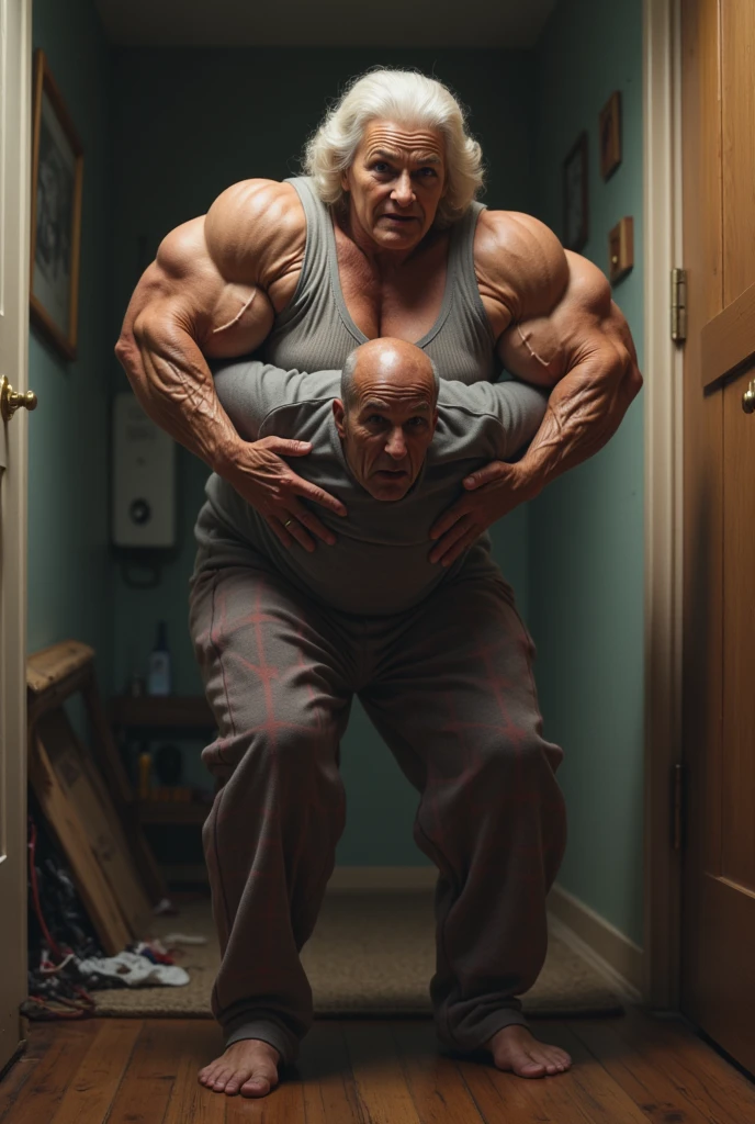 Elderly man facing a giant man with long red hair, fight scene, anime, dynamic poses, Bahia street scene