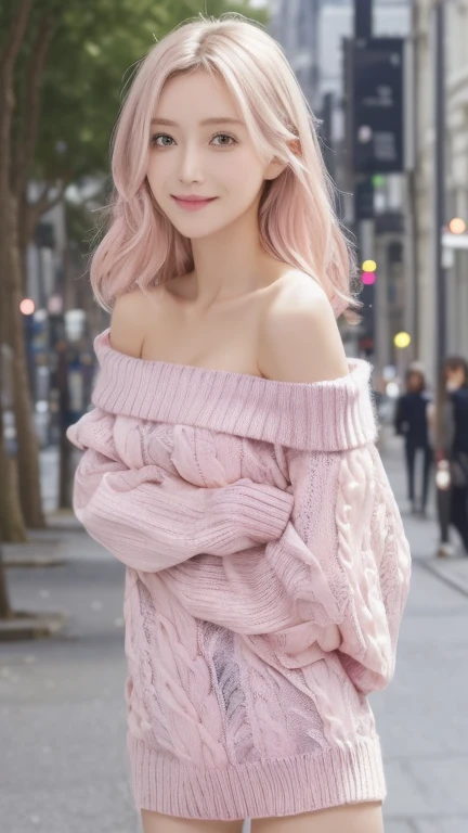 Pink stockings,, succubus, pink hair, red eyeshadow, heart-shaped eyes, one eye closed, seductive smile, excitement, holding hands, best quality, masterpiece, outdoor, sweater dress, korean woman, full body photo, fan face, double eyelids, smart peach blossom eyes, pink lips, small upturned nose, ultra hd, super detail, slightly fat, cute little face, biting lips