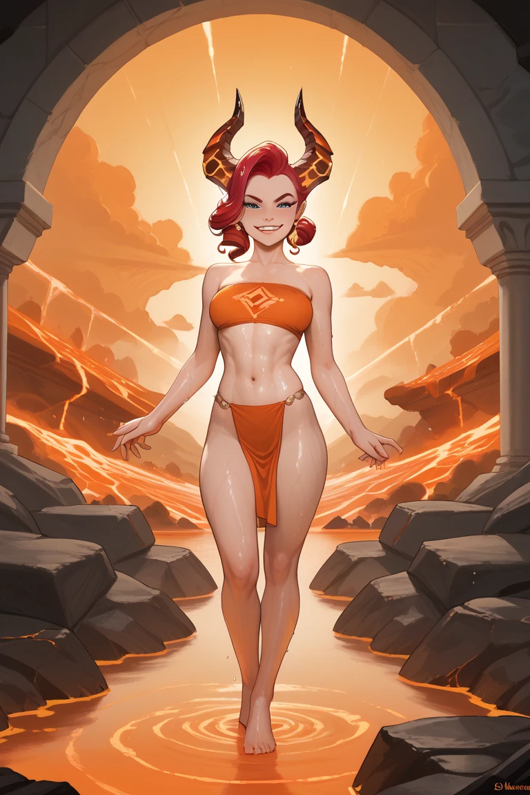 masterpiece, best quality, 1girl, solo, simple background, mature, full lips, wide eyes, anime style, small breasts, slime, fire, lava, magma, cave, volcano, red skin, smug, transparent skin, (chibi:.1), <lora:F_slime02:.85> <lora:lavadress2:.35> <lora:Hell2_v1.0:.5>