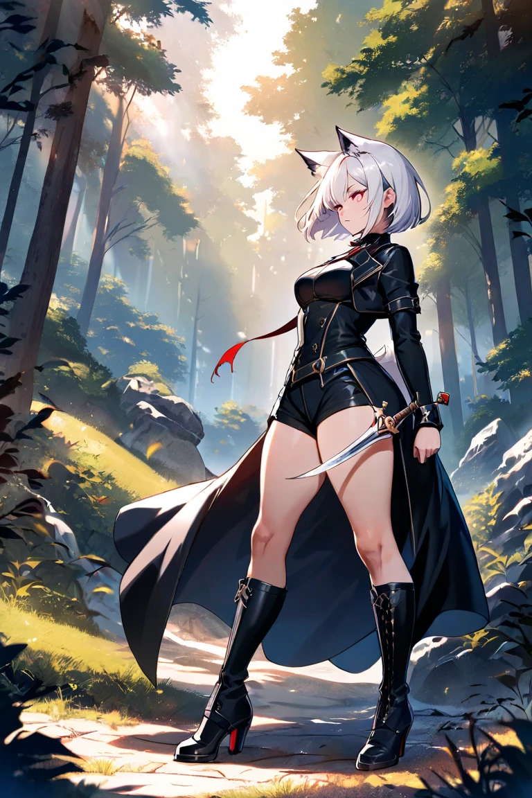 fantasy, 1 tiny_ girl, (loli)++, child, cat_ears, cape,outdoor,leotard, shy, bare_groin, hold_huge_sword_hilt, solo, thighhighs
