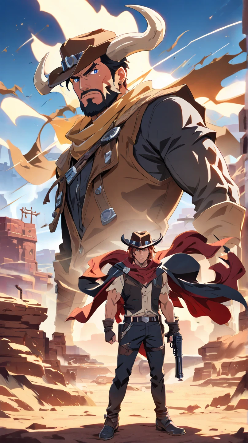 mccree, western setting, cowboy hat, red poncho, muscular, hunk, mechanical body, cybernetic right arm, cape, setting sun in background, smile,  confident pose, cigar in mouth,  best quality, shirtless, body muscles, chest muscle, big chest, big stomach, very fat