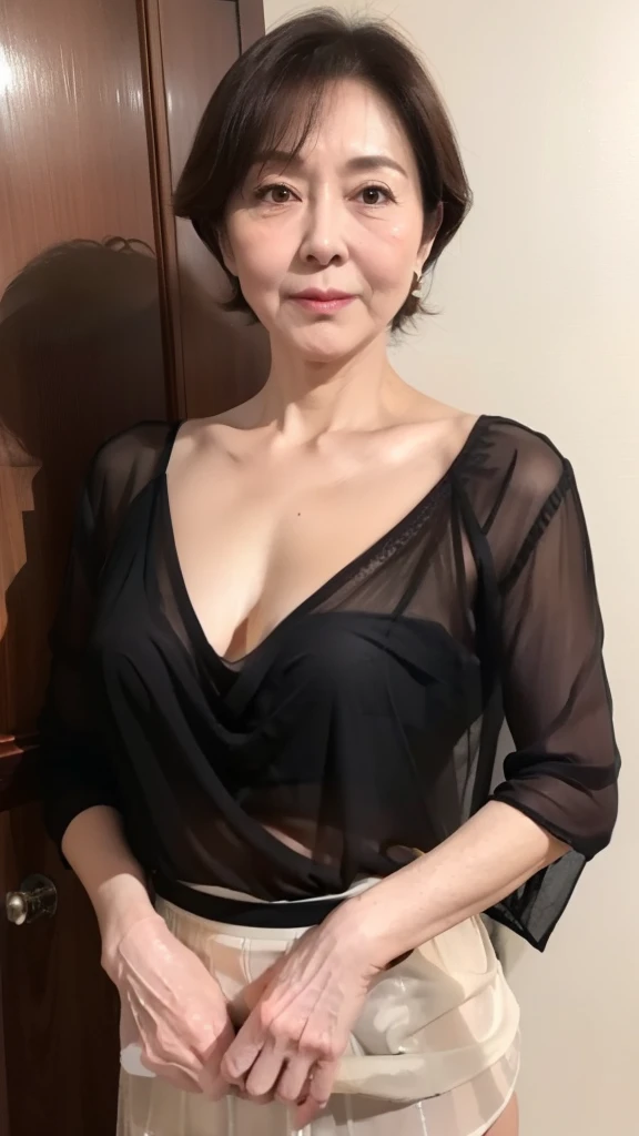 Beautiful elderly woman, cute,sexy,55 years old,,sexy,Wear a pearl necklace, old woman,Big saggy Breasts, Curly Hair, plain grey background