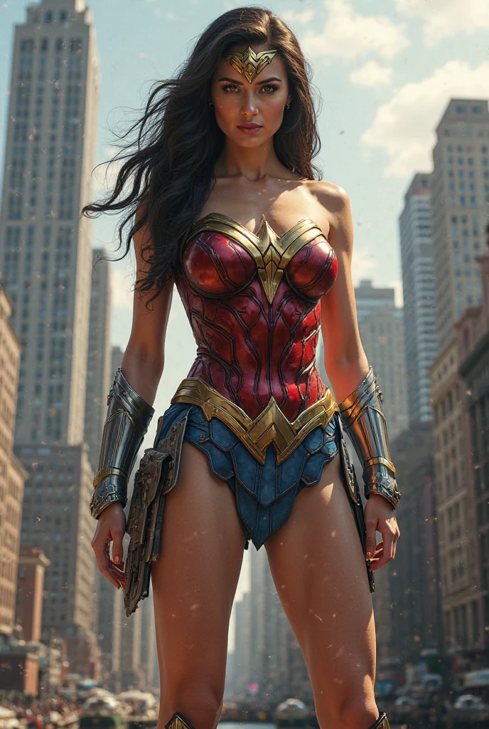 A beautiful woman Adriana Lima under the mantle of the Amazon warrior Wonder Woman red corset and navy blue pants with scales diaema in silver metal with a red star on her forehead long red boots up to her knees is a beautiful woman (((((He's in a white and yellow four-wheel drive ))))) through the streets of an apocalyptic and bloody city images from the side