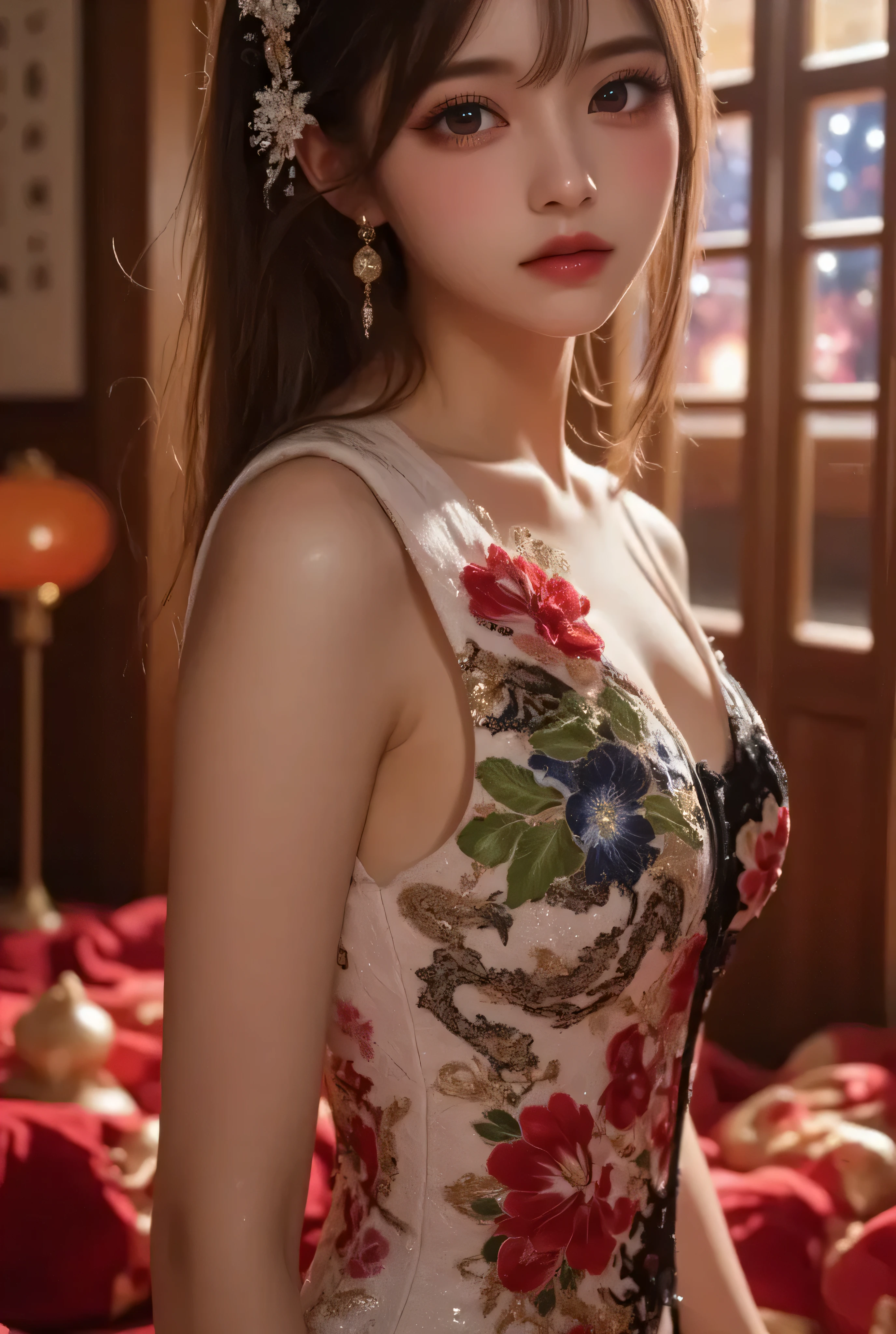 (masterpiece:1.4), (best quality:1.4), ultra high res, ultra high resolution, ((detailed facial features)), HDR, (realistic, photorealistic, photo-realistic:1.37), full body Esbian, sexy Vietnamese model, (-anime), vivid colors, ((vivid colors multicolor (red, pink) very short hair)), (happy smile), lip-gloss, long lashes, ultra detailed metallic makeup, defined eyebrows, wearing large sparkling colorful jewelery, wearing a red silk Paradise Kiss cosplay dress with black floral embroidery, ((vivid colors outfit)), vivid colors, look at the camera, cinematic light, large park background with trees, sweet and sexy pose