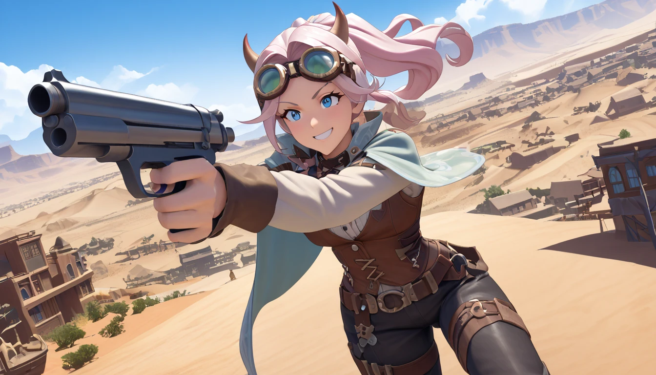 In an epic, new-generation anime-style rendering, a character known as "Fury" takes center stage in a cinematic desert landscape, brilliantly lit by warm, vibrant colors.Fury, a cyberpunk-inspired woman with a fearless and determined look, walks confidently across the expansive desert. Her futuristic attire and accessories, adorned with neon accents, are brought to life with intricate details in this contemporary anime style.As she strides through the golden sands, her every step creates a soft, animated trail of dust, accentuating the dynamic atmosphere. The warm glow of the desert night highlights the landscape's textured terrain, casting dramatic, elongated shadows.