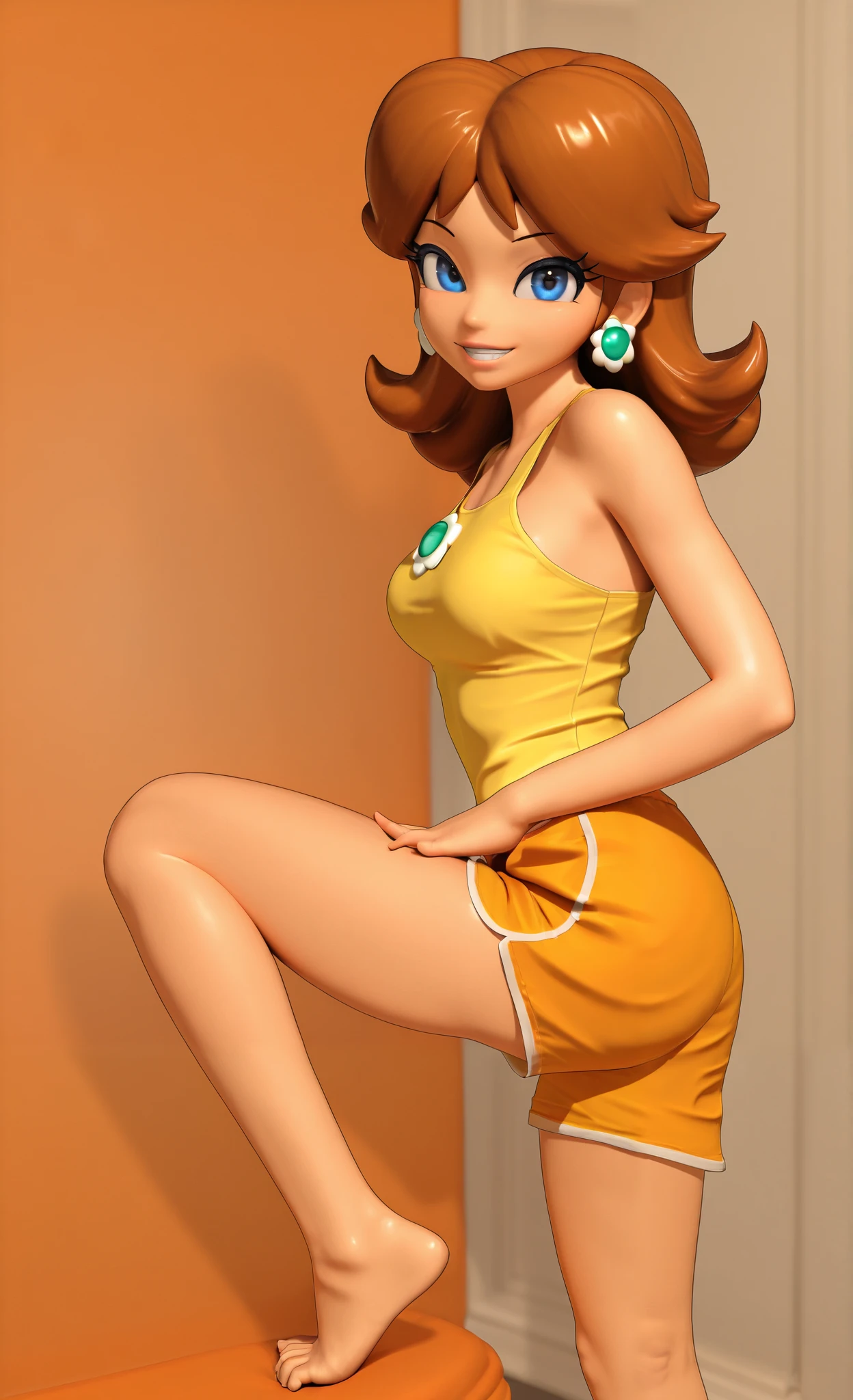 ((Princess daisy)), ((masterpiece)), ((high resolution)), ((solo portrait)), {(attractive figure), (beautiful legs), (pretty feet), (brown hair), (cute blue eyes), (short eyelashes), (cute grin)}, {(yellow tank top), (orange lounge shorts)}, {(standing), (looking at viewer)}, ((bedroom))