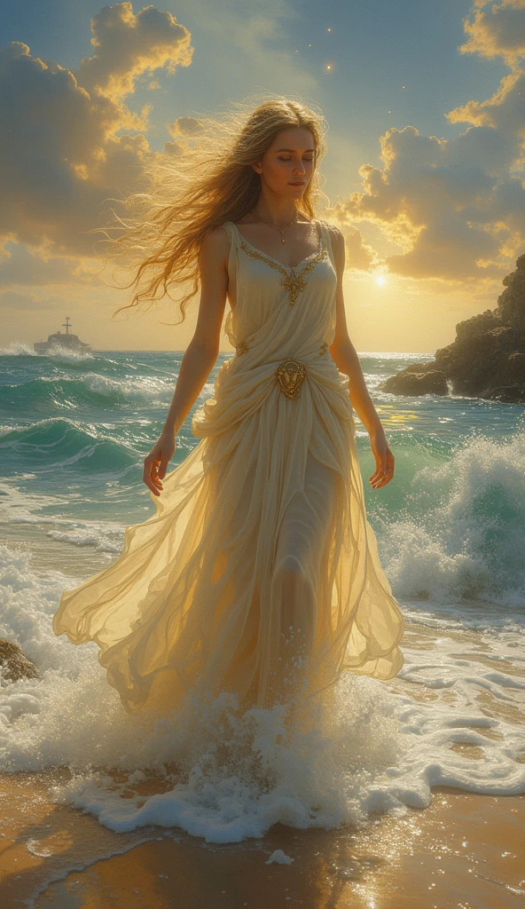 Aphrodite, ethereal, golden hair, (flowing:1.2), soft waves, outdoors, surrounded by blooming roses, holding a delicate shell, sunlight filtering through lush greenery, (doves fluttering around her), red flowing gown, ancient Greek, glowing with a radiant aura, serene expression, standing near the edge of a calm sea, gentle waves lapping at her feet, with a golden apple resting beside her as a symbol of her divine beauty.