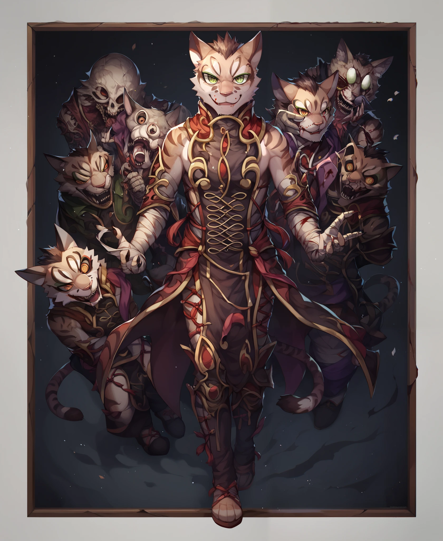 score_9, score_8_up , score_7_up , score_6_up, detailed, detailed eyes, detailed fur, male, tail, yan shu chi_nekojishi, evil smile face, blood full body, kill people, high quality, detailed background, masterpiece, unreal, horror, dead person, Chinese horror, Chinese background, Chinese room, paper lantern