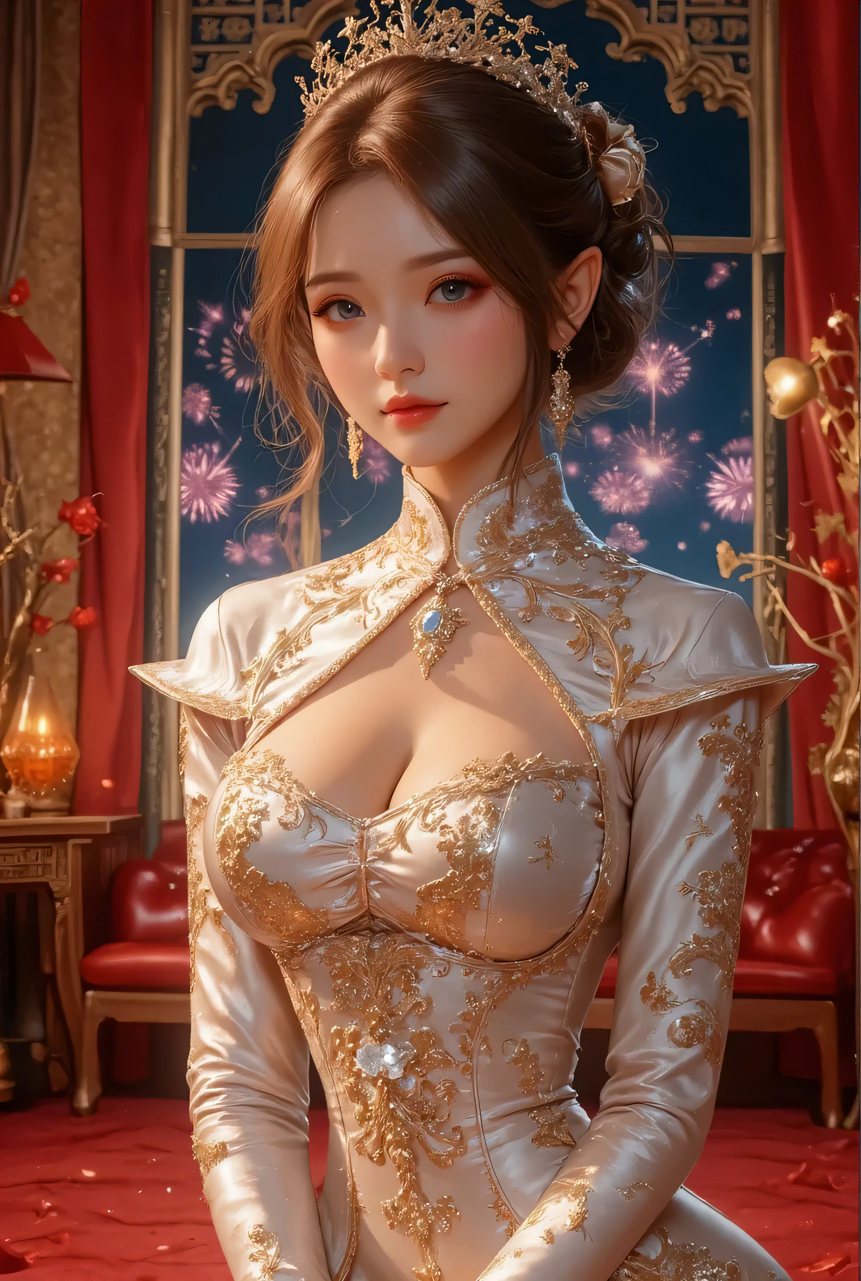 Cat ears、 face up, attractive, pretty girl, ponytail、few beautiful lady hair decorations, (( fine facial features , eroticism)), dramatic lighting , realistic , 8k, Dramatic Shadows , intricate and elaborate patterns , super detailed photo , chiaroscuro lighting , Pleasant colors , deep contrast , super real 、 pink lipstick、 warm room、Vintage Fireplace 、 cinematic composition、Close-up of face, pretty half part transparent open shoulder loose outfits dress, tang style, A beautiful Korean idol wearing a one piece red-green-blue-black-silver-gold tightly cheongsam with phoenix and intricate floral golden embroidery, golden and silver outline on dress, shining gems and jewelry, standing gracefully in a room filled with traditional Chinese New Year decorations. The room features vibrant red lanterns, decorative calligraphy scrolls, a small Chinese orange tree with golden ornaments, and several red envelopes scattered across the floor and hanging from the tree. Adorable, playful cats are part of the scene—some sitting near the tree, others curiously pawing at the red envelopes or lounging around. Through a window or an open door in the background, vibrant Chinese fireworks light up the night sky in an array of reds, golds, and blues, casting a magical glow into the room. The idol’s outfit is paired with subtle accessories like red hairpins or earrings, complementing the festive look. The atmosphere is warm and lively, filled with the joyful essence of the celebration, enhanced by the shimmering lights of the fireworks and the lively decor. blue lights