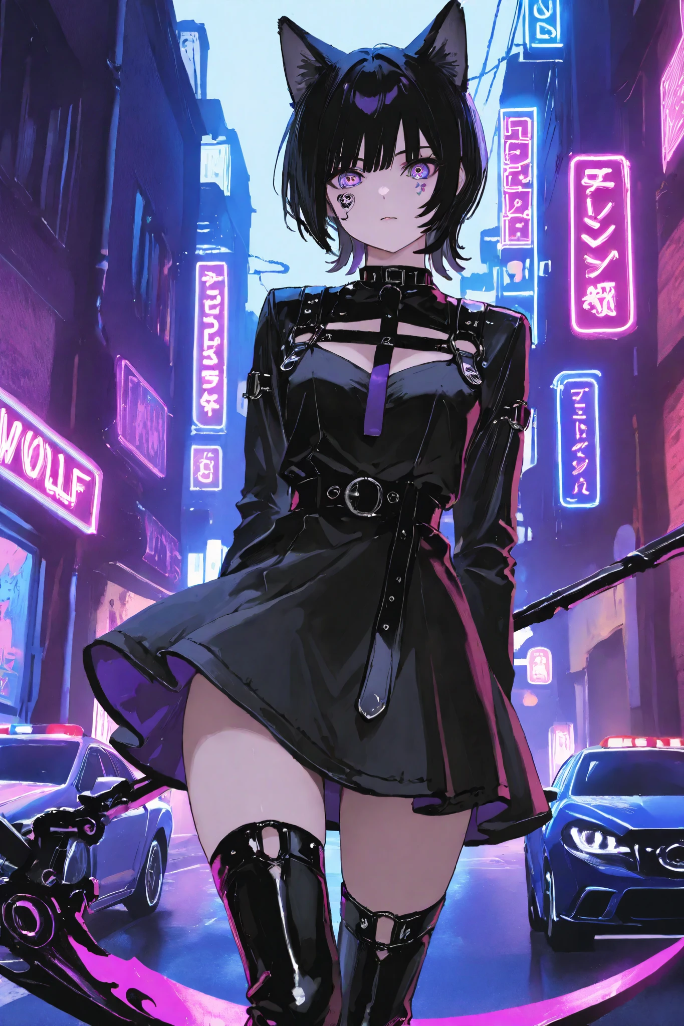 solo, ((From front)), Neko Female, face tattoos, ((wolf cut black hair, Black cat ears))), long Wolf Cut black hair, (yellow and purple Ombre eyes), Black and white dress like Yor, wearing Chocker, wielding Scythe, Street background, Neon Lights, Cars and motorbikes in background, Thigh Up view, focus on character, looking at viewer,