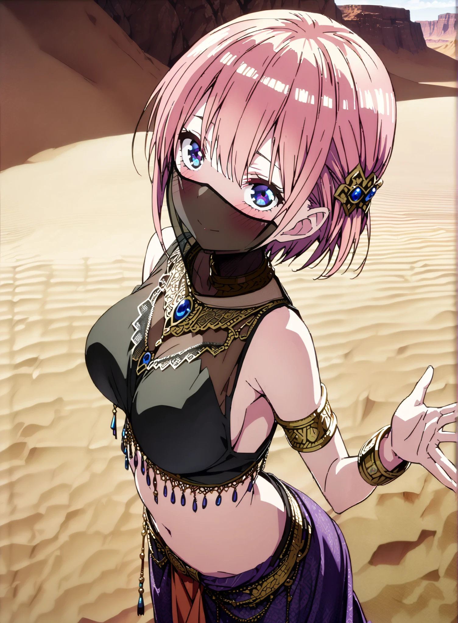 score_9, score_8_up, score_7_up, source_anime, Nakano Ichika, short hair, Alone,bangs, blue eyes, o, pink hair near MM, smile,blush,half updo,Big Breasts,Chest Valley,Arabian clothing, dancer , mouth Veil, belly Dancing, Veil, armlet, Dancing, Bare legs,is standing,full bodyがillustrationsに入るように,break outdoors, desert, oasis,
break looking at viewer,full body,
break (masterpiece:1.2), Best Quality, High Resolution, Unity 8K Wallpaper , (illustrations:0.8), (Beautiful Detailed Eyes:1.6), very detailed face, perfect lighting, highly detailed CG, (perfect hands, perfect anatomy),