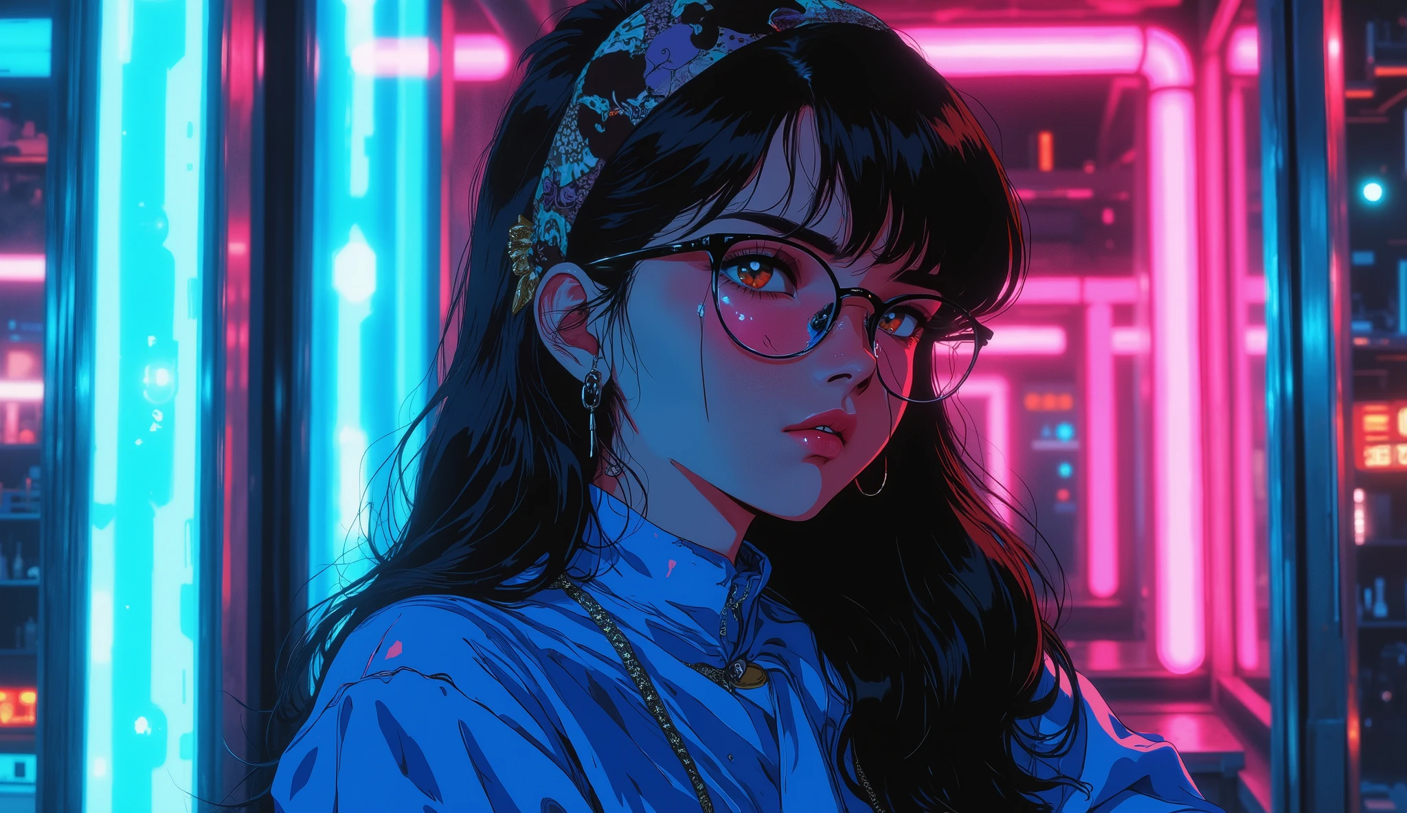 long-haired woman with black glasses, blue jacket, neon lights, retro anime,