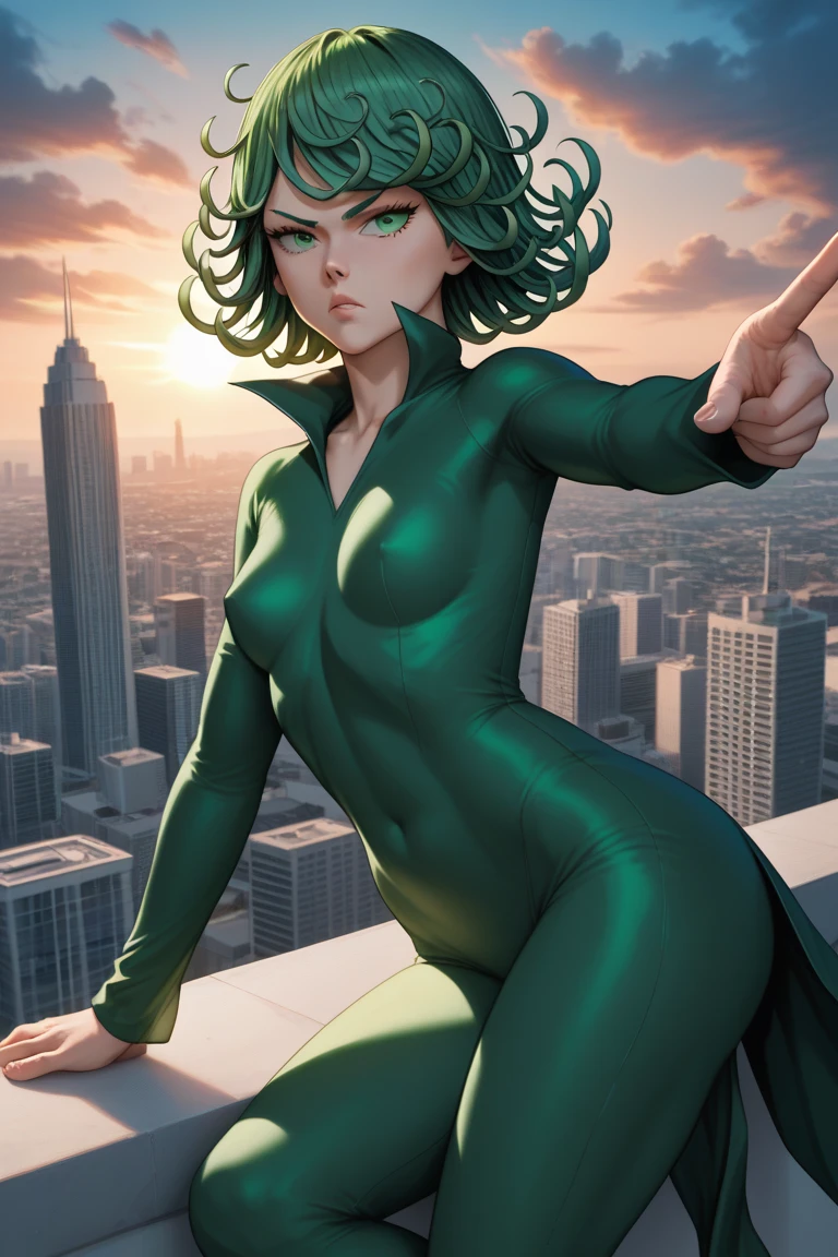 1girl, alone, Tatsumaki One Punch Man floating over a city, Anime girl, short hair, green hair, green eyes, Tatsumaki black outfit, Tatsumaki (One Punch Man) Clothing style, Black clothing, Black dress, long sleeve, pelvic curtain, Detailed clothes, masterpiece, symmetrical, serious face, very small breasts, small breasts, medium thigh medium waist, wide hips, 1 girl, bright green eyes, City Background, Sky Background, View from above, Bokeh, 4K Masterpiece, HDR , Anime art style, One Punch Man art style, sharp colors, vivid colors, green particles, iom