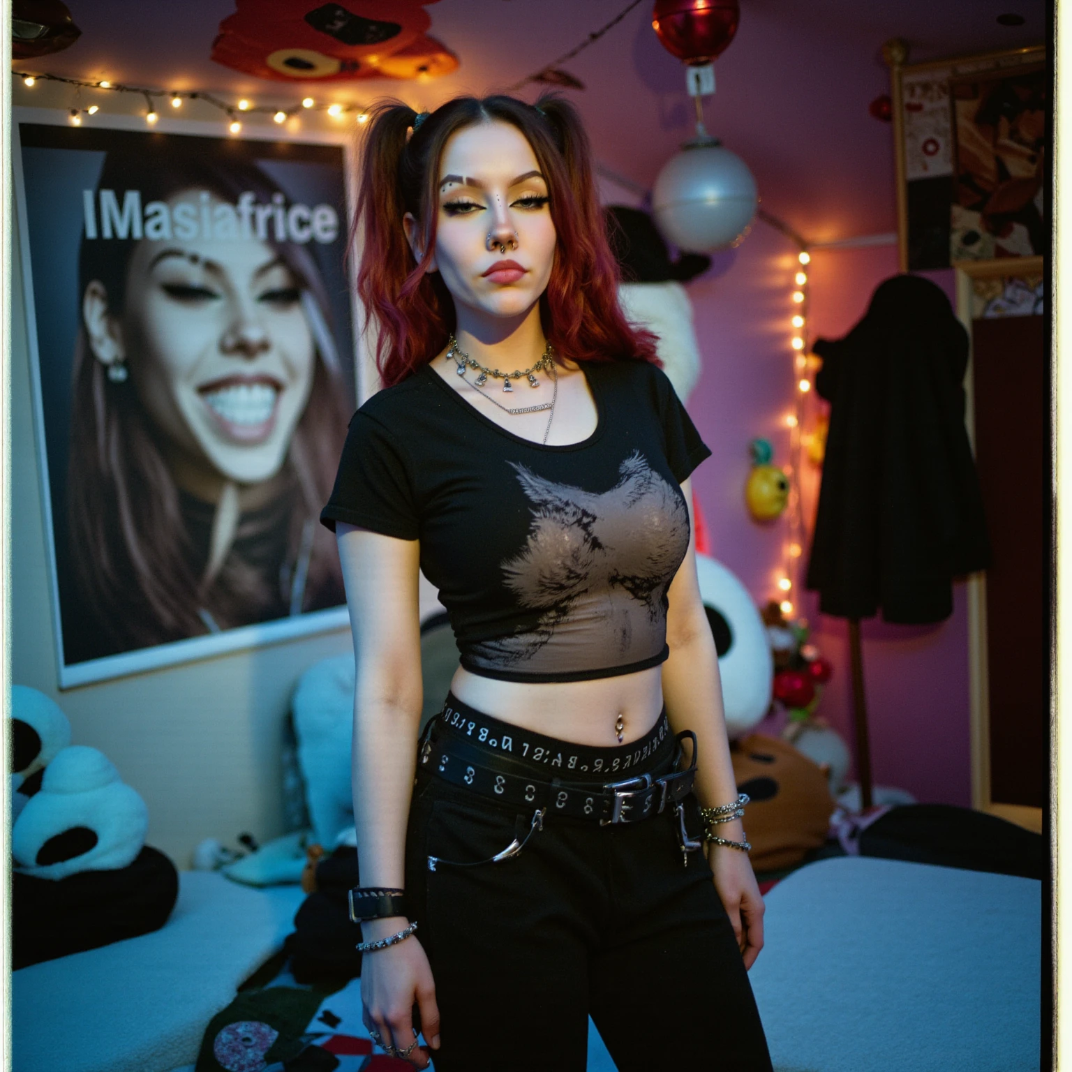 emo girl with pale skin, a pony tail, huge breasts stretching a black t-shirt with a skull imprint,  and tattered jeans sitting on the floor of her messy bedroom, portrait, looking shyly at the camera, looking shyly at the camera, looks at the camera, looks at the camera