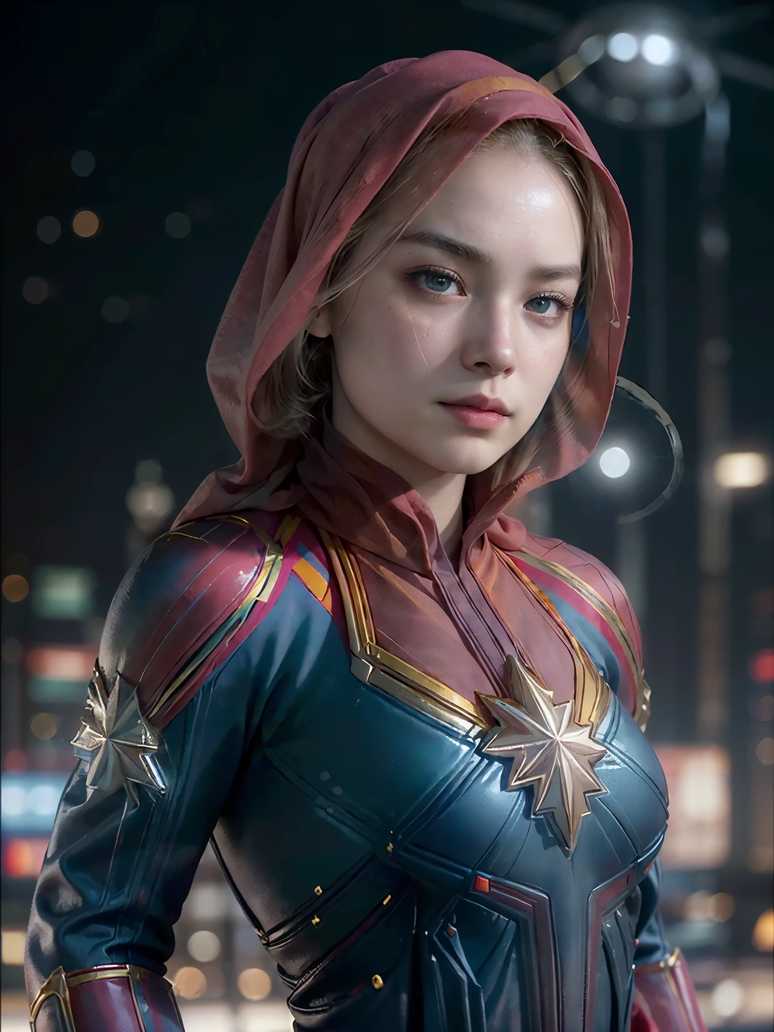 top-quality close-up portrait, cyberpunk style,((Beautiful captain marvel, wearing deep red pashmina hijab with captain marvel costume, long sleeve, latex material):1.5),Bewitching face, ((idols likeness):1.2), ((beautiful perfect eyes, round eyes, greeney eyes color, detailed iris, beautiful detailed lips, sharp nose, extremely detailed face, sharp face shape, flawless face, simple make-up):1.3), (()), mesmerizing expression, allure gaze, ((soft and smooth skin, pale skin tone):1.4), ((), ((young woman, elegant pose on the futuristic city):1.42),Detailed smooth photorealistic, stares at the camera, ((people background, warm atmosphere, bokeh):1.3), vivid colors, cinematic vibes, photon mapping, highly detailed, intricate details, perfect composition, artistic photograph, 8k, hi-res, hq, hdr, hi-contrast, smooth photorealistic, masterpiece, ((close-up angle, seen from forward):1.3))