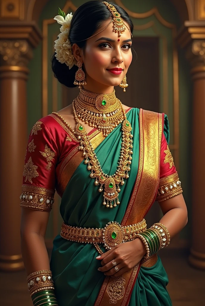 Beautiful painting of a woman in a sari with a necklace and earrings, looks like Sandeepa Dhar, inspired by Raja Ravi Varma, szukalski ravi varma, portrait of a beautiful goddess, by Raja Ravi Varma, indian goddess, traditional beauty, a stunning portrait of a goddess, inspired by T. K. Padmini, indian art, indian goddess of wealth, portrait of a goddess